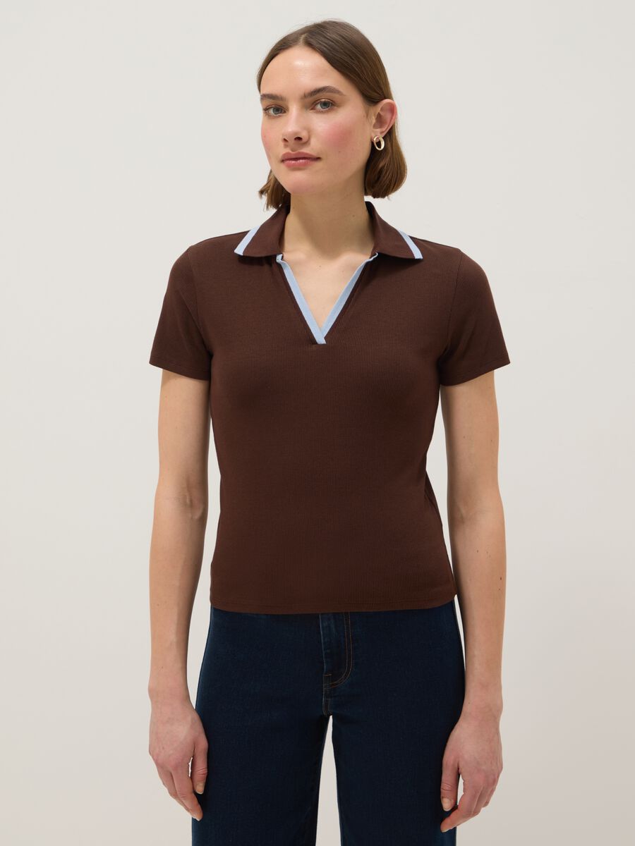 Brown stretch cotton regular fit polo with contrasting collar_0