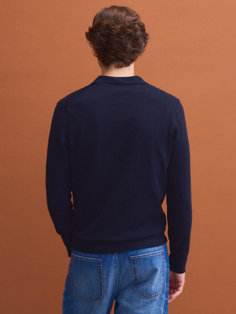 Blue long-sleeve pure cotton polo shirt_3