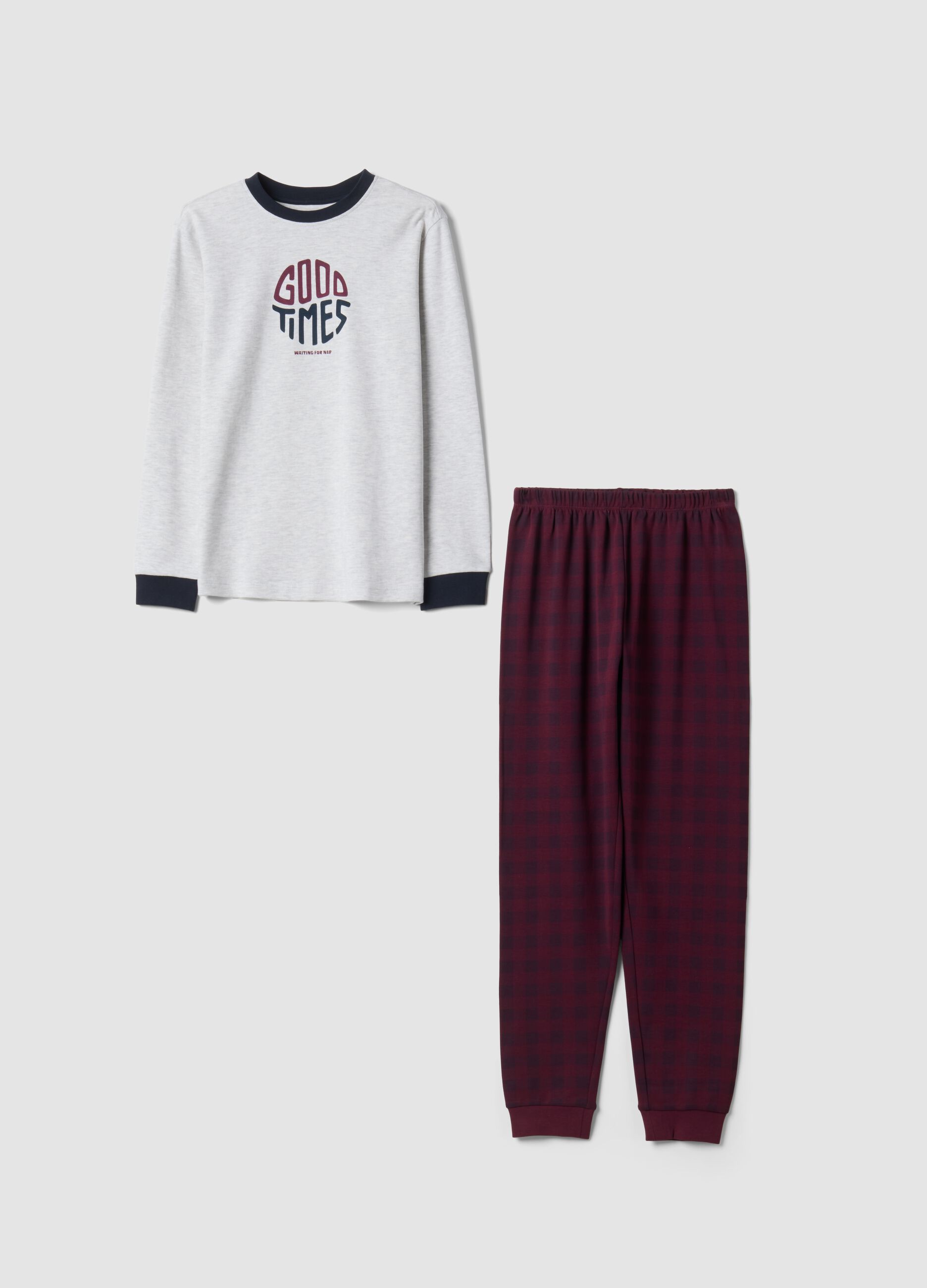 Grey and red crew-neck pyjamas in organic cotton and viscose blend