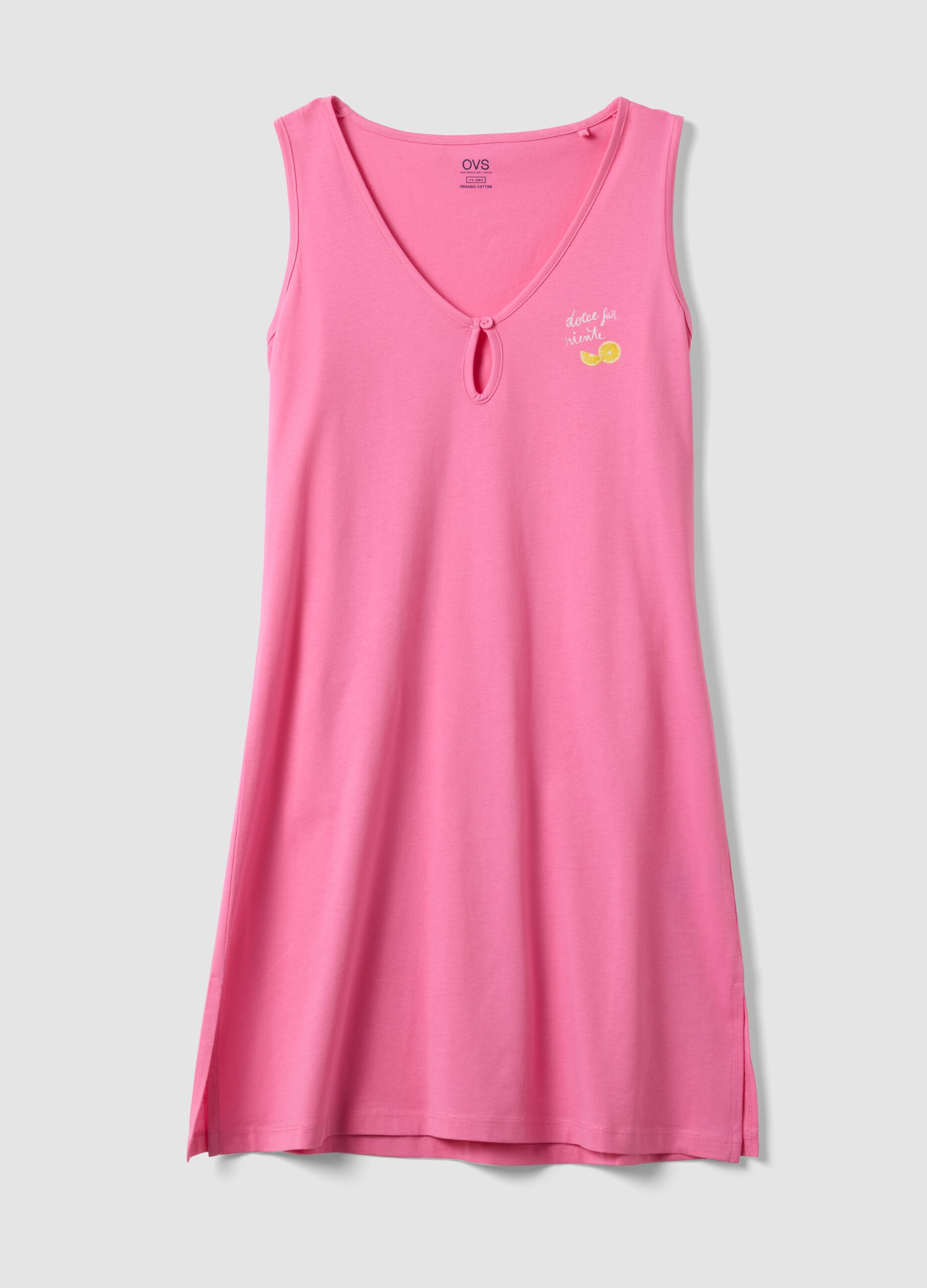Pink pure cotton nightdress with V-neck