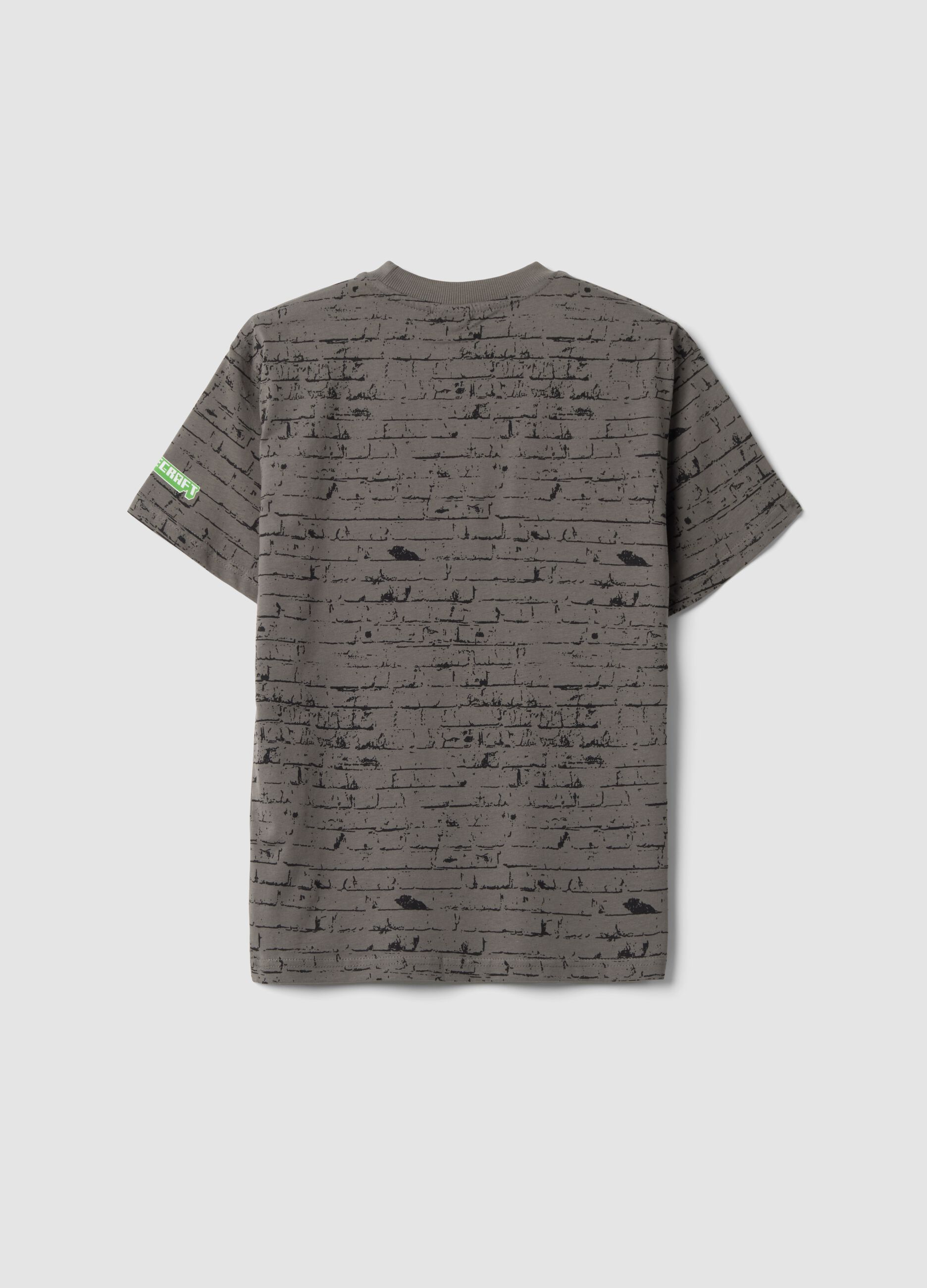 Grey pure cotton crew-neck Minecraft print T-shirt