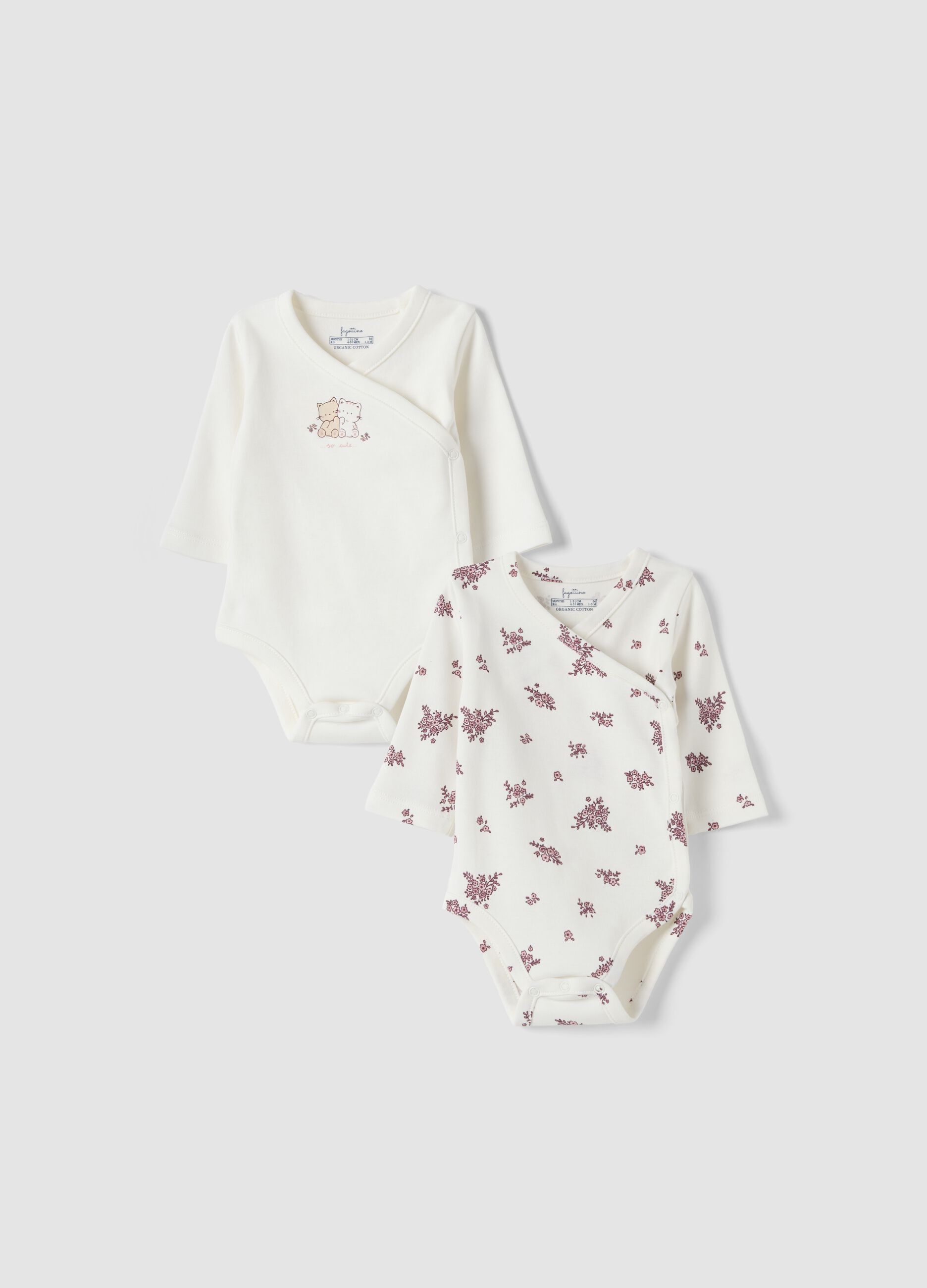 2-pack white organic cotton bodysuits with print