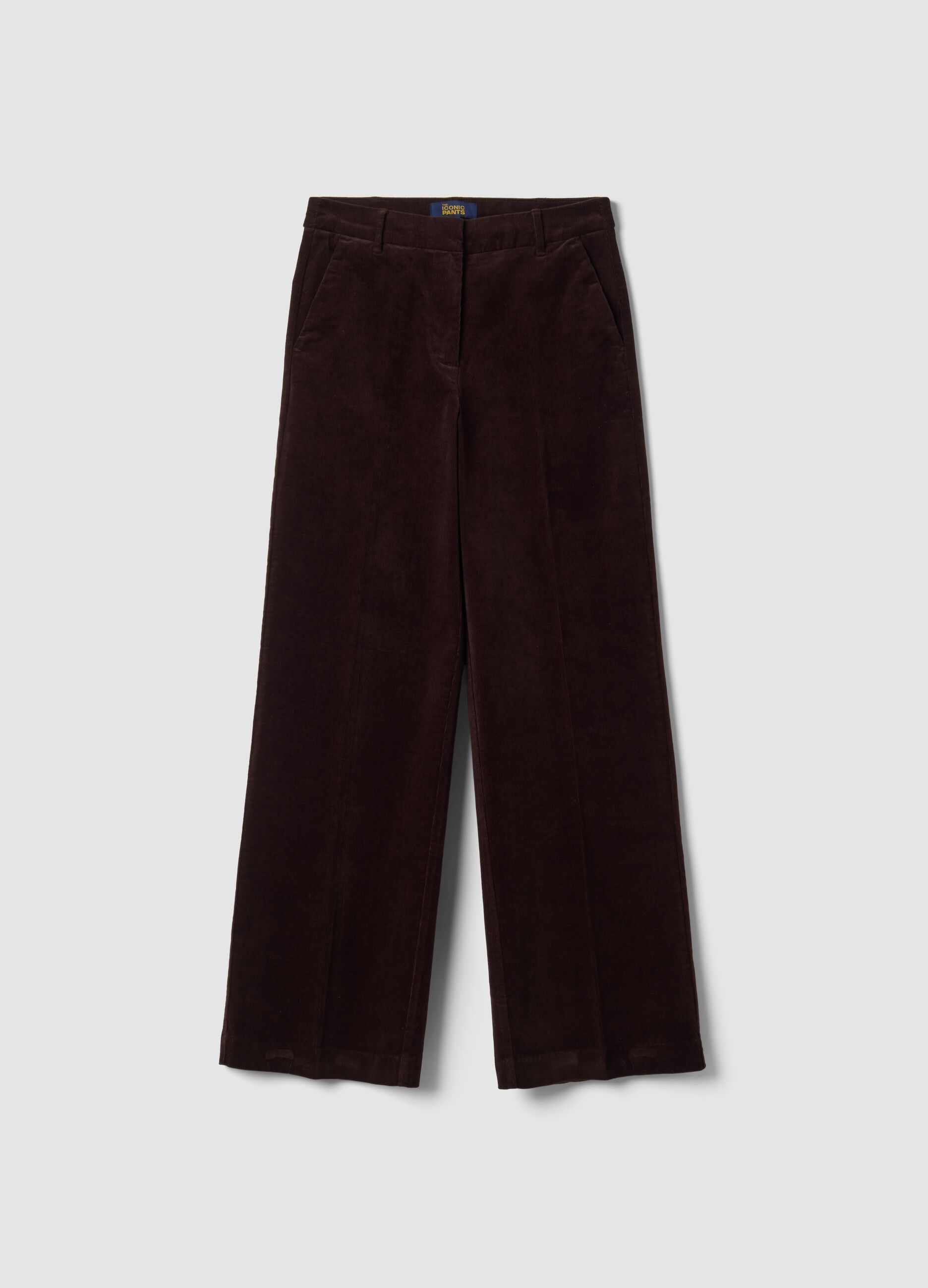 بنطال The Iconic Pants بني من قطن مطاطي مضلّع بقصّة مستقيمة