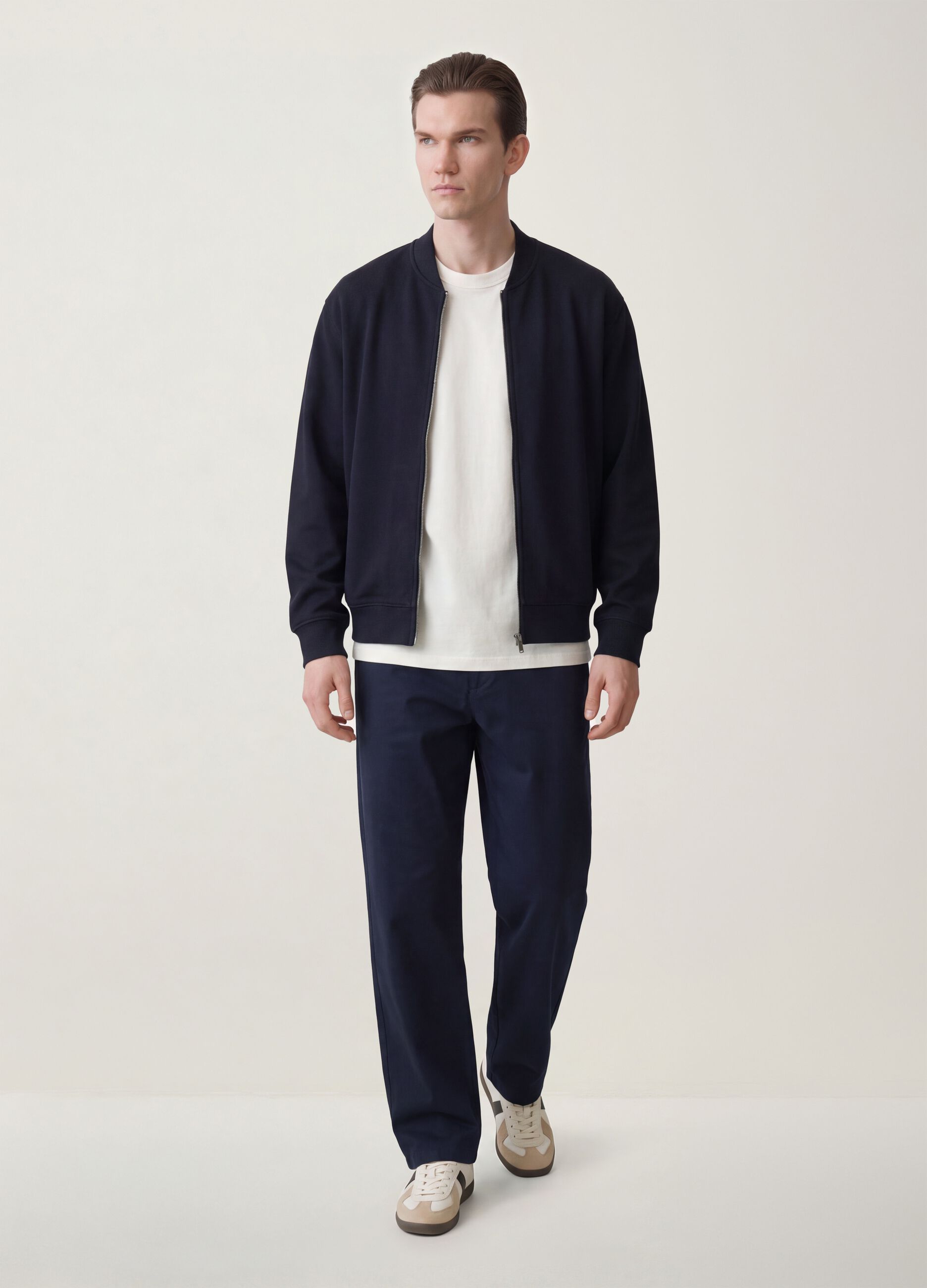 Navy full-zip sweatshirt in stretch piqu&eacute; with ribbed collar