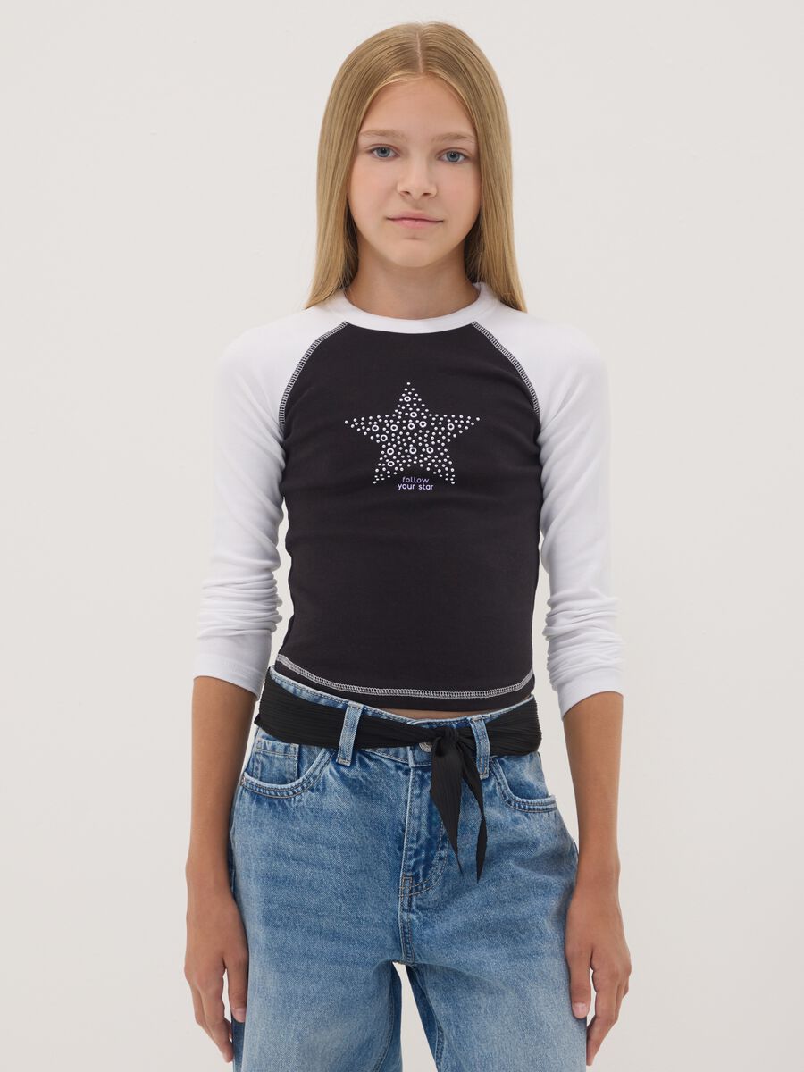 T-shirt blu in cotone elasticizzato con collo a costine_0