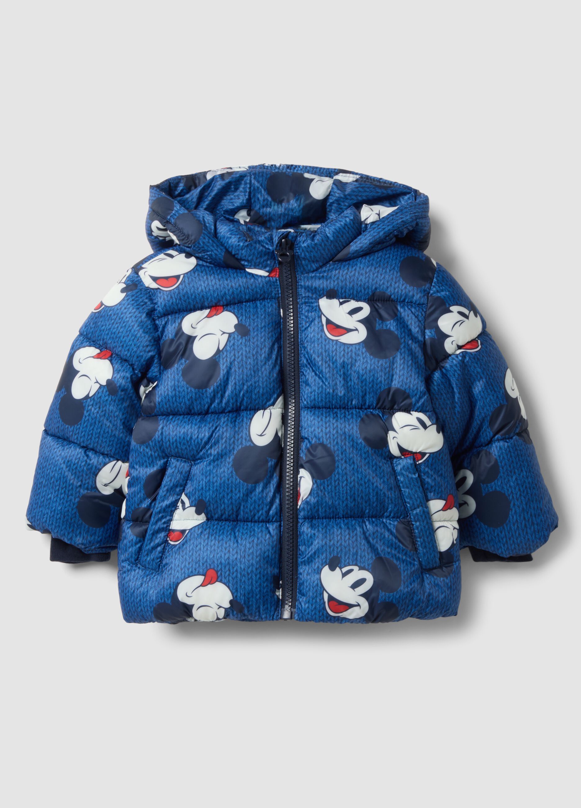 Blue hooded padded jacket with Mickey & Friends print