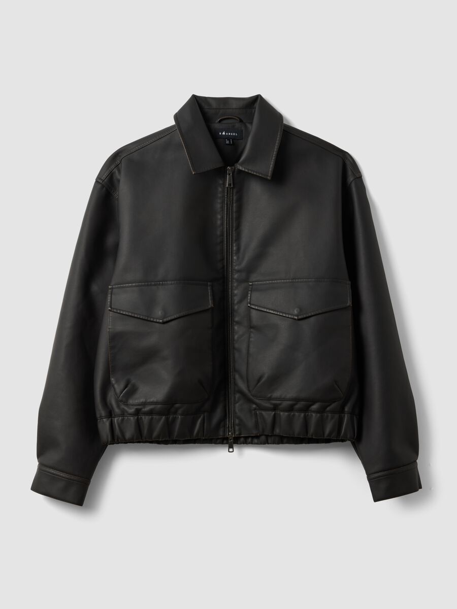 Black cropped jacket with zip and flap pockets, oversized fit_4