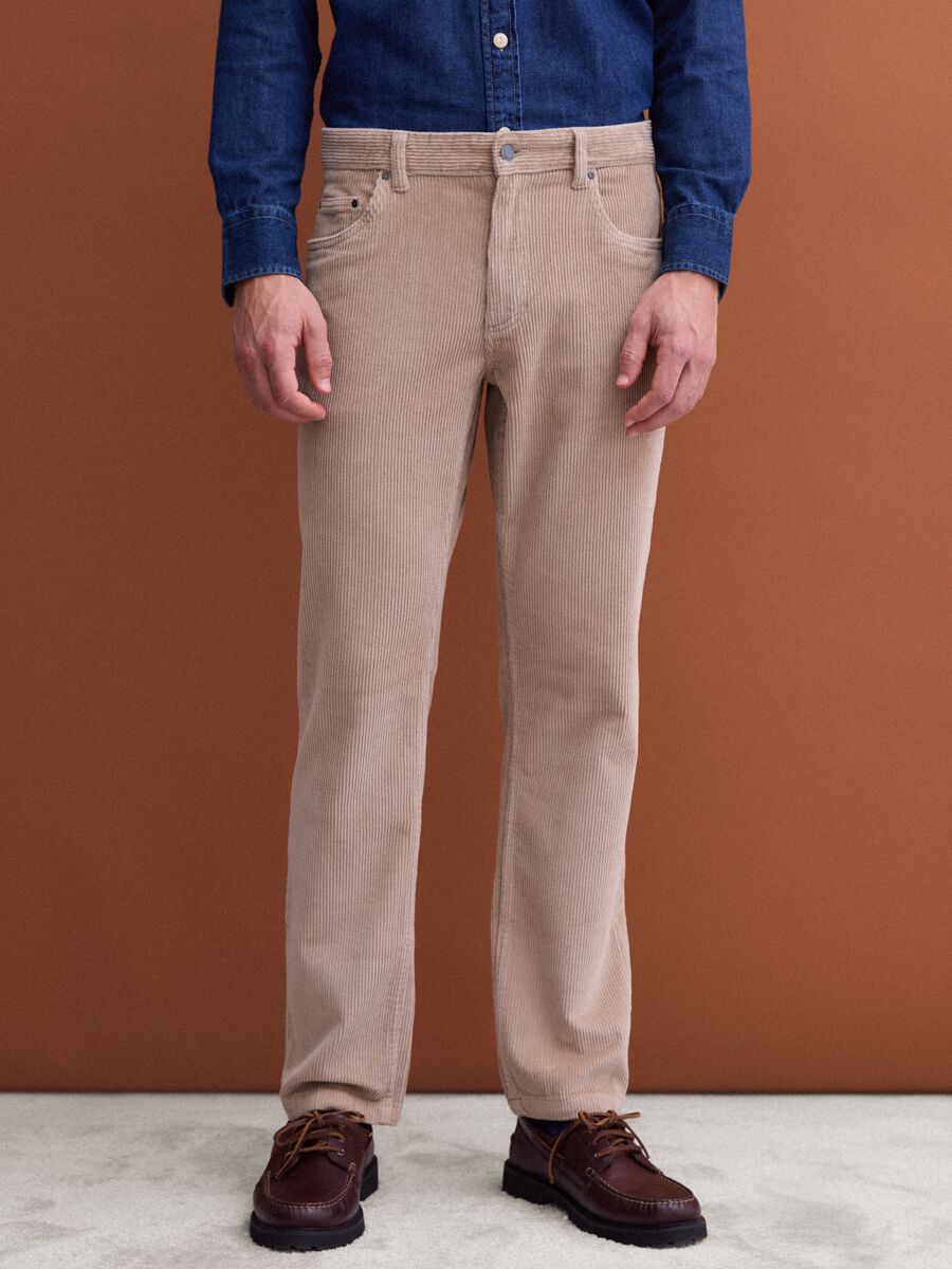 Beige regular-fit stretch cotton corduroy trousers_1