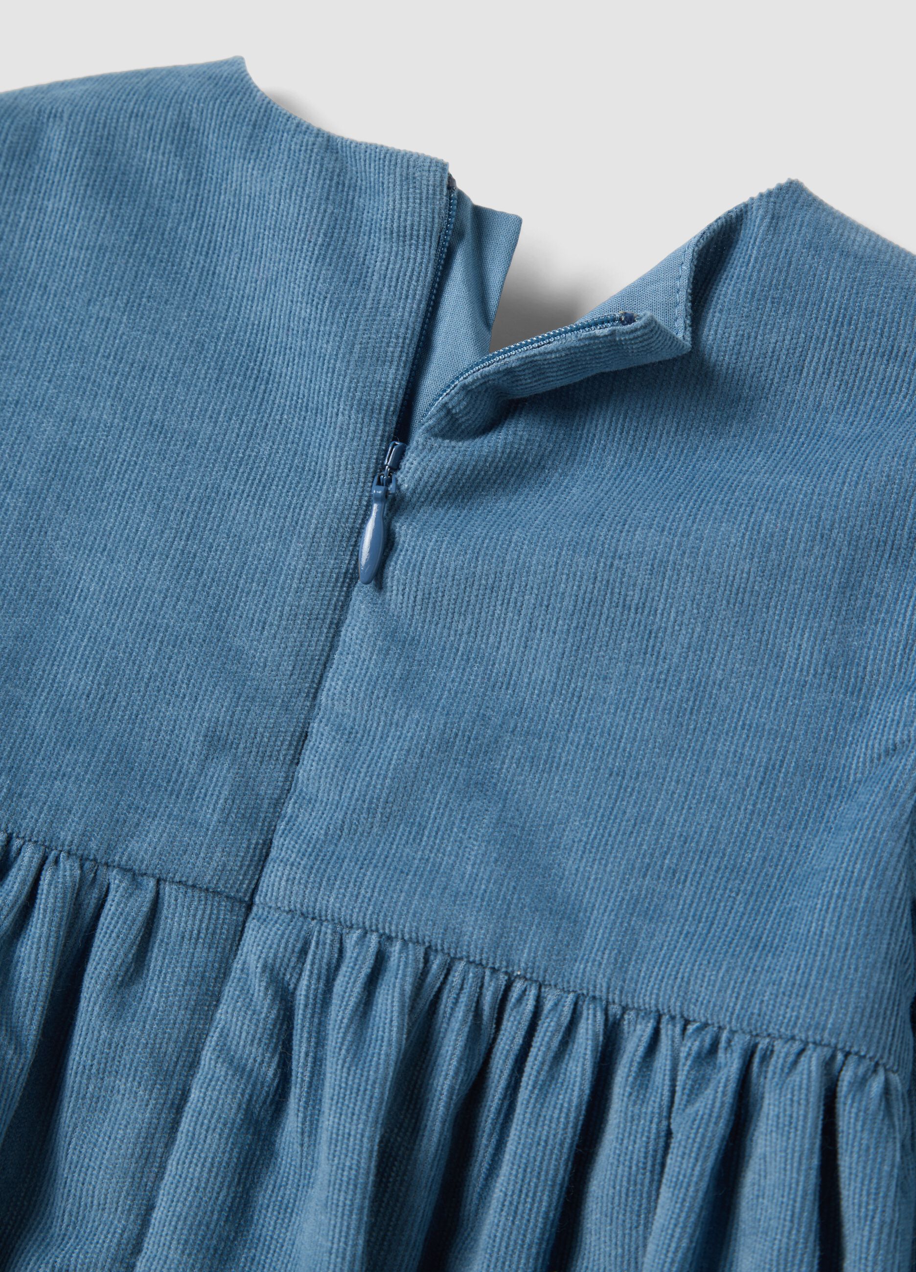 Blue pure cotton dress with floral embroidery and crew neck, oversized fit