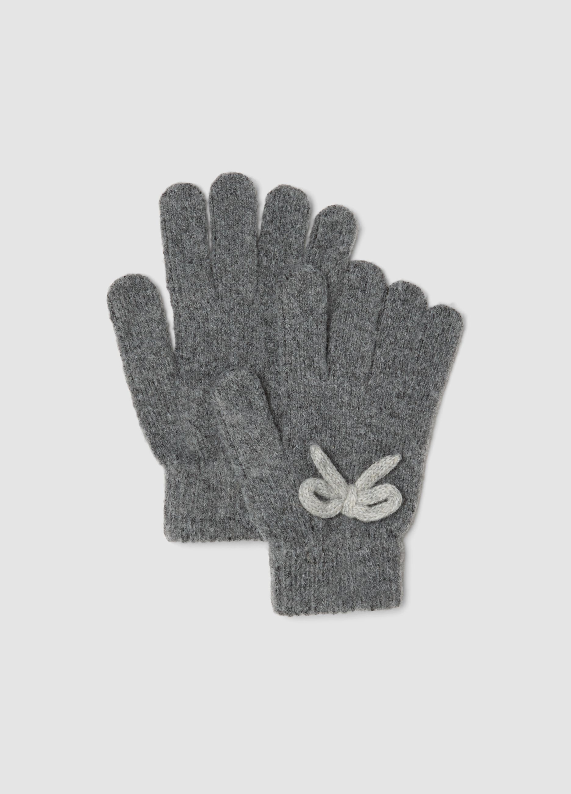 Grey wool-blend gloves with knitted bow detail