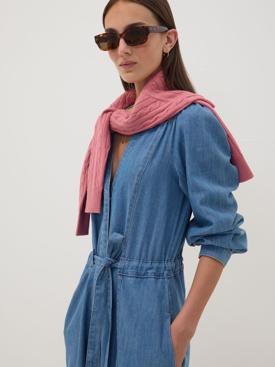 Blue pure cotton denim dress with deep V-neck regular fit_1