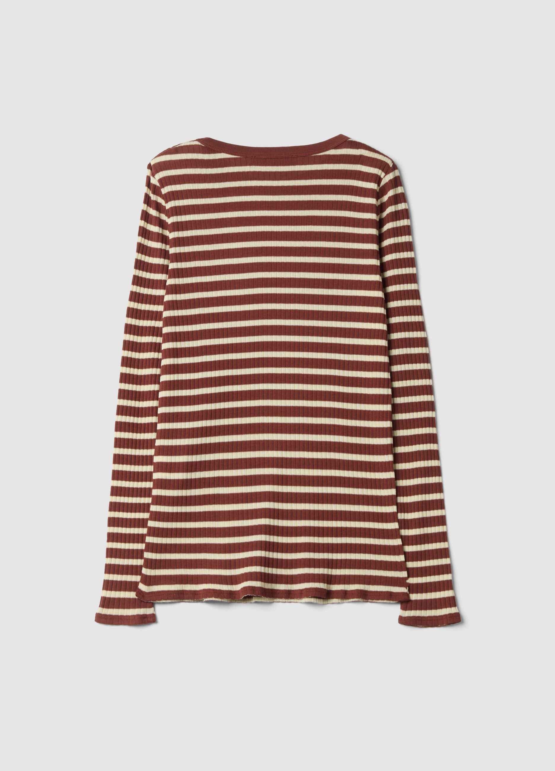 Brown striped pure cotton ribbed regular-fit T-shirt