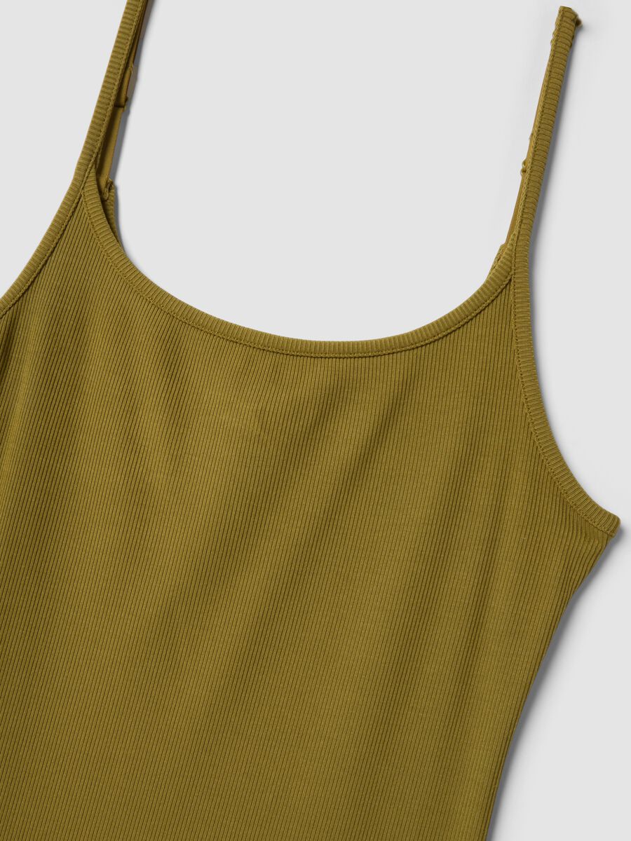 Green fitted ribbed stretch modal dress with straps_5