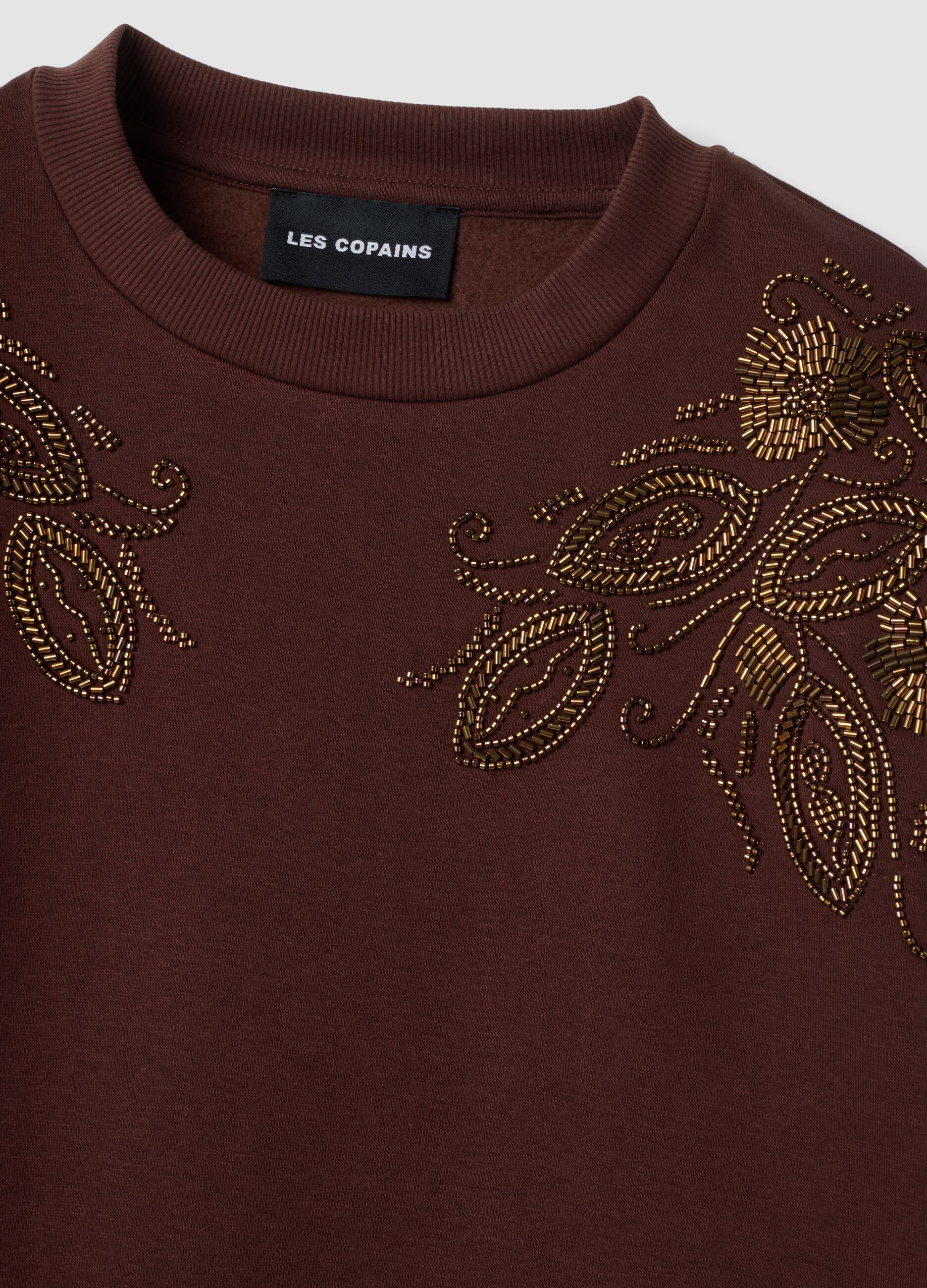 Brown cotton-blend sweatshirt with embroidered crew neck