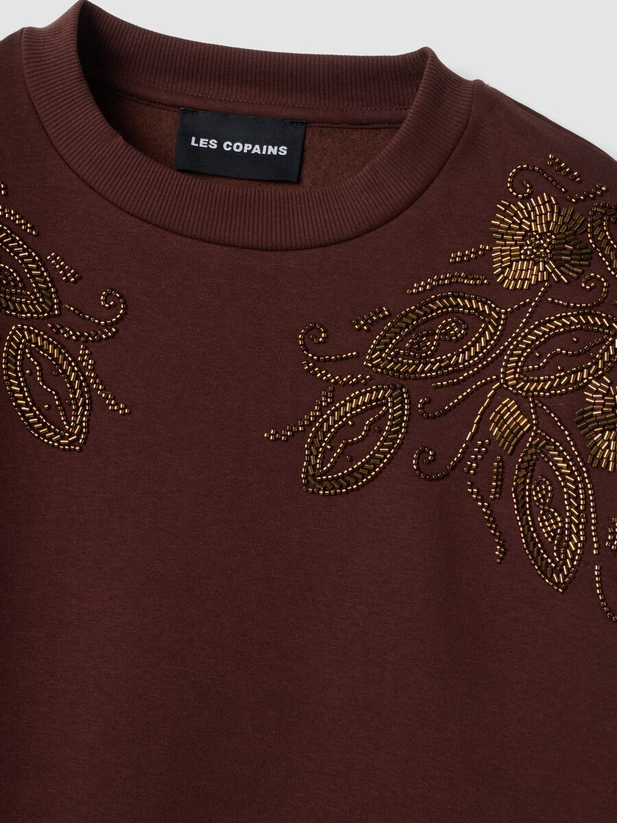 Brown cotton-blend sweatshirt with embroidered crew neck_1