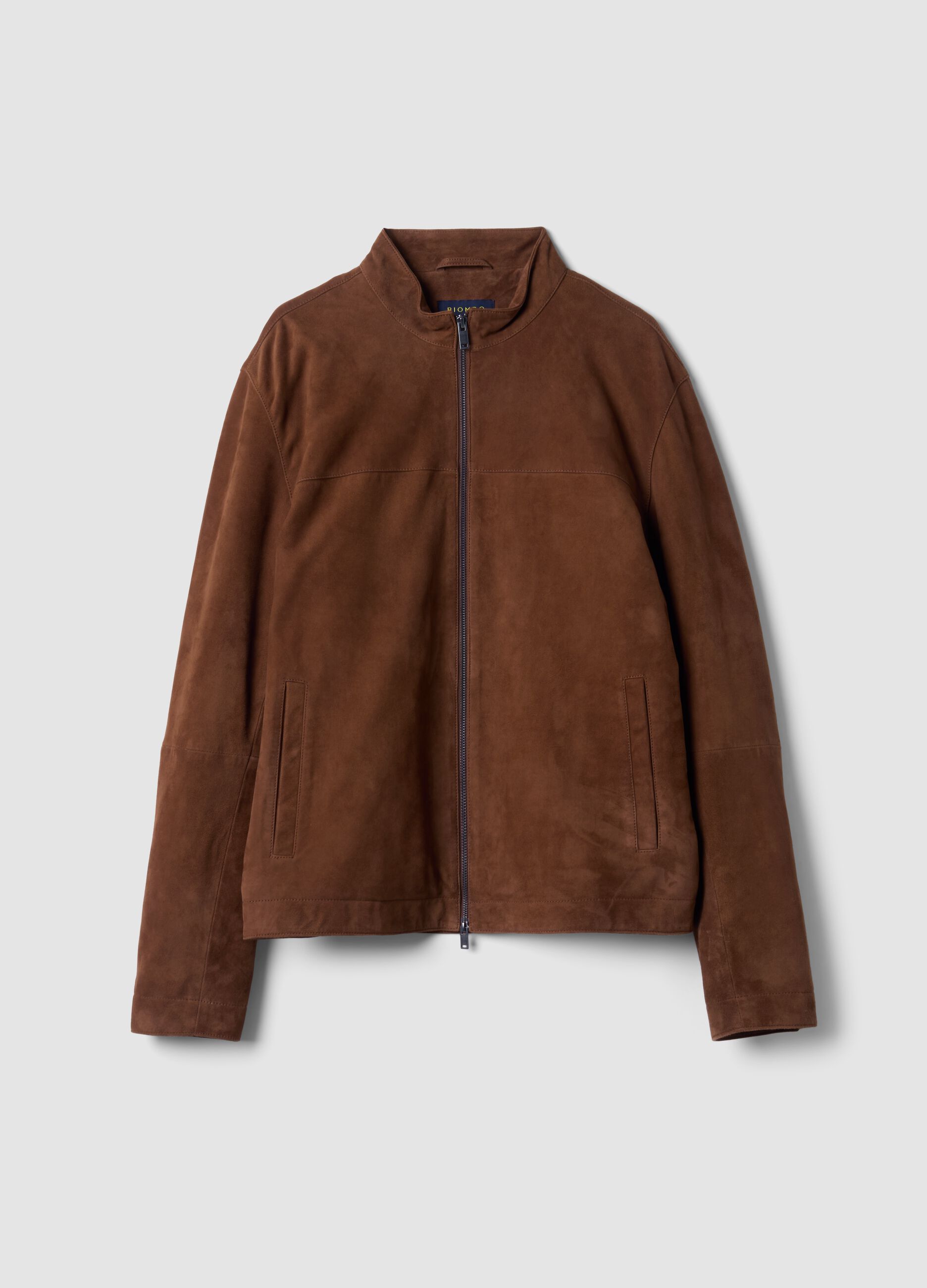 Brown genuine leather jacket with zip, regular fit