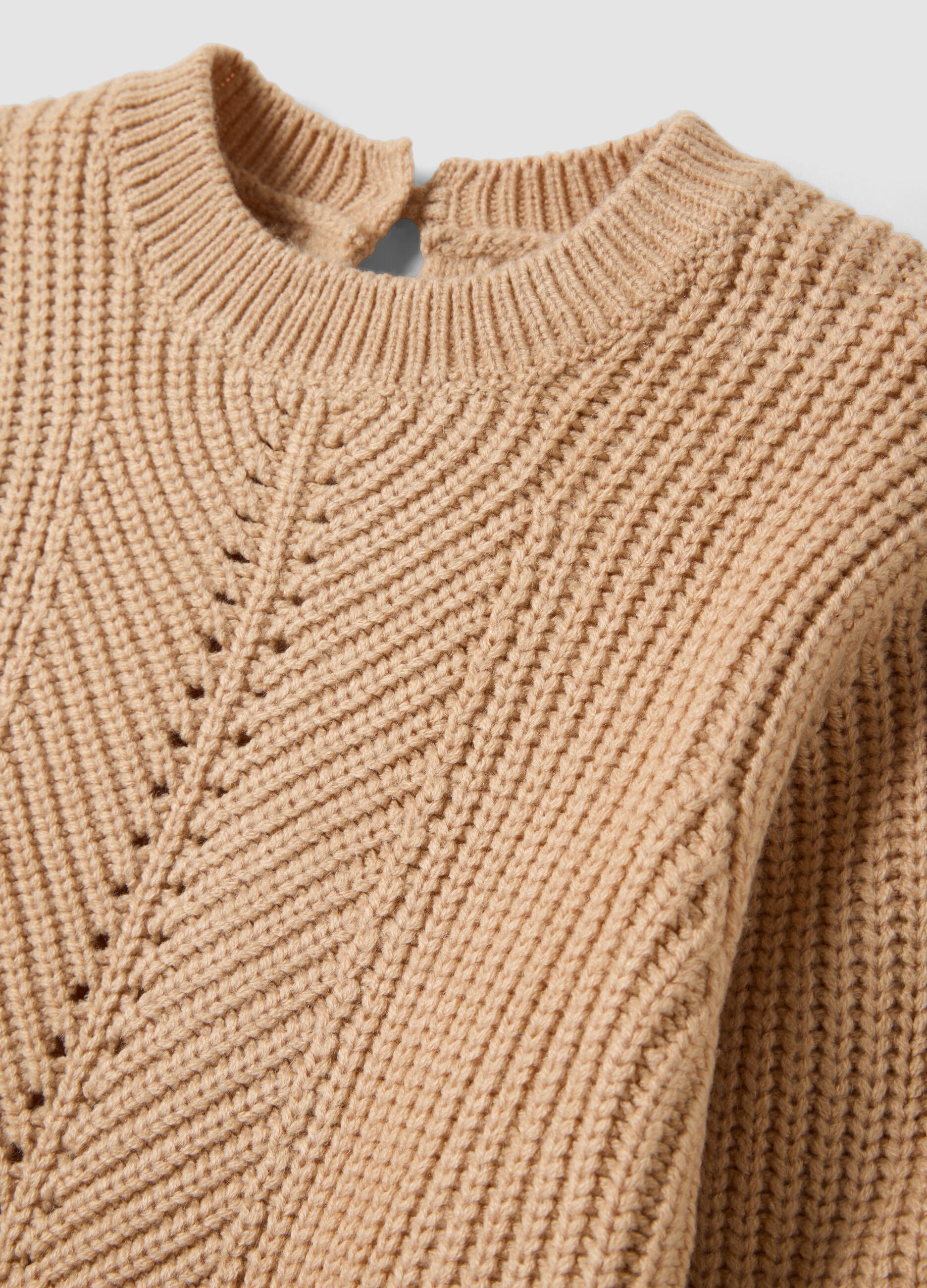 Beige knit jumper with openwork crew neck