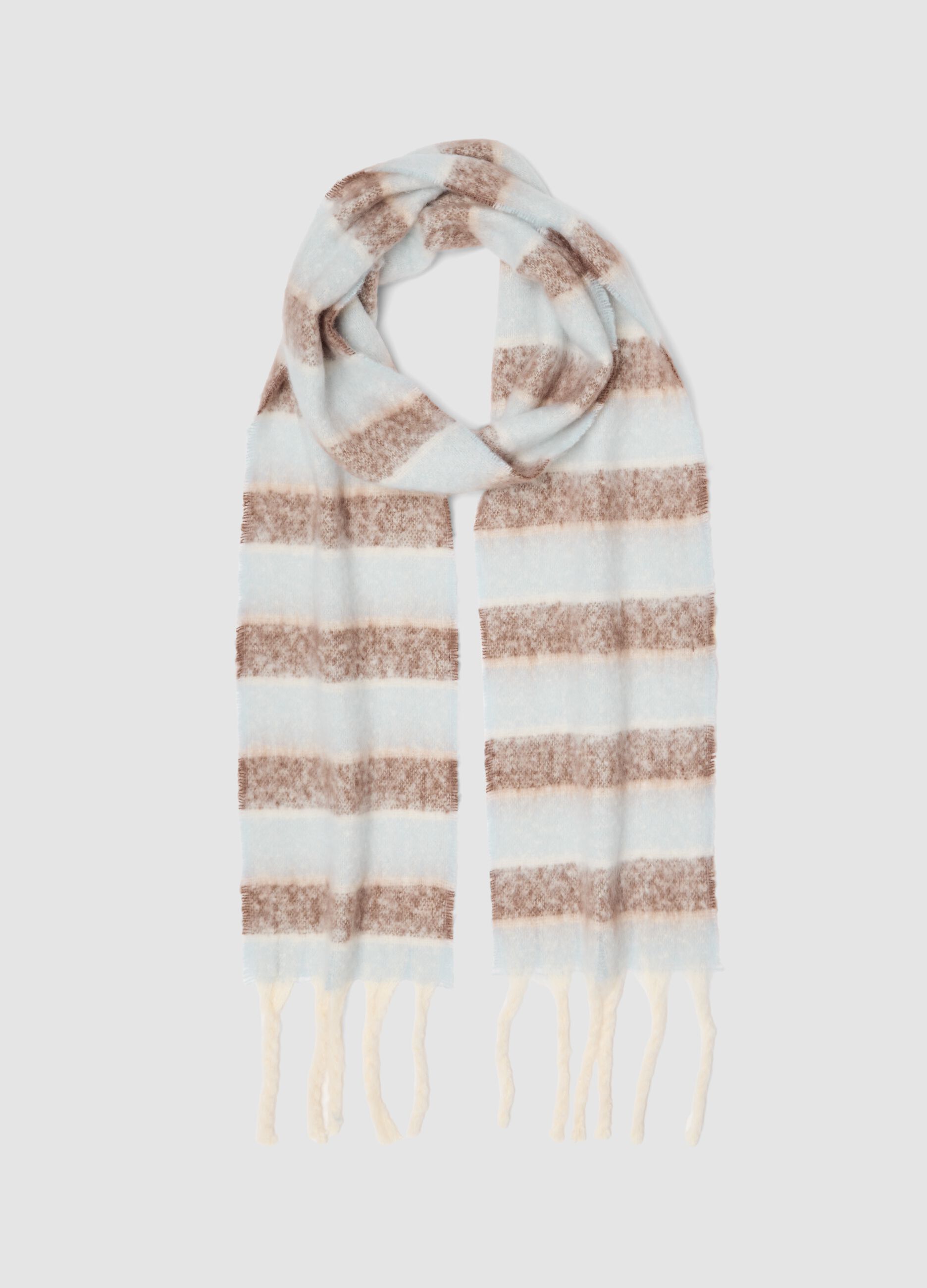 Blue and brown striped scarf with fringes