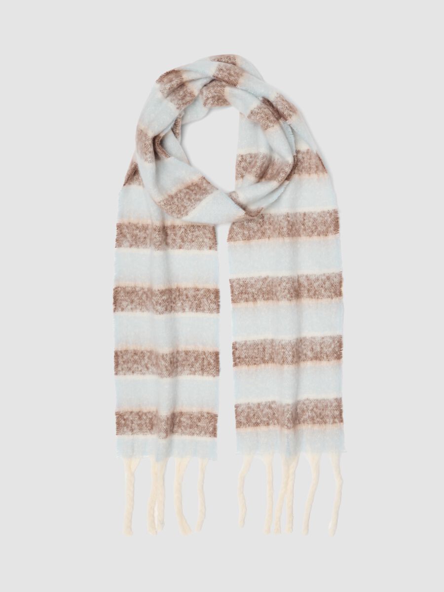 Blue and brown striped scarf with fringes_0