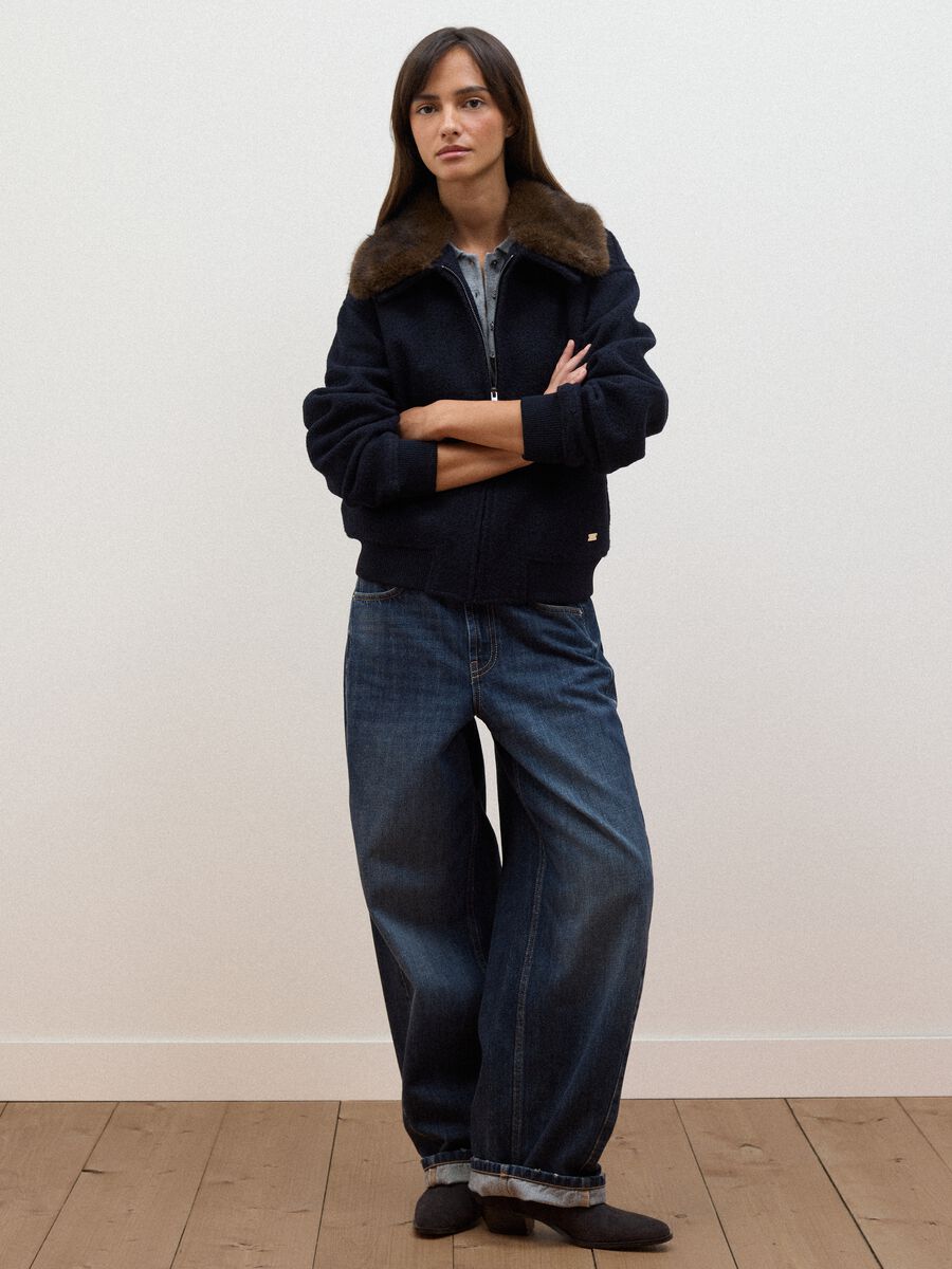 Blue wool-blend jacket with faux-fur effect collar_2