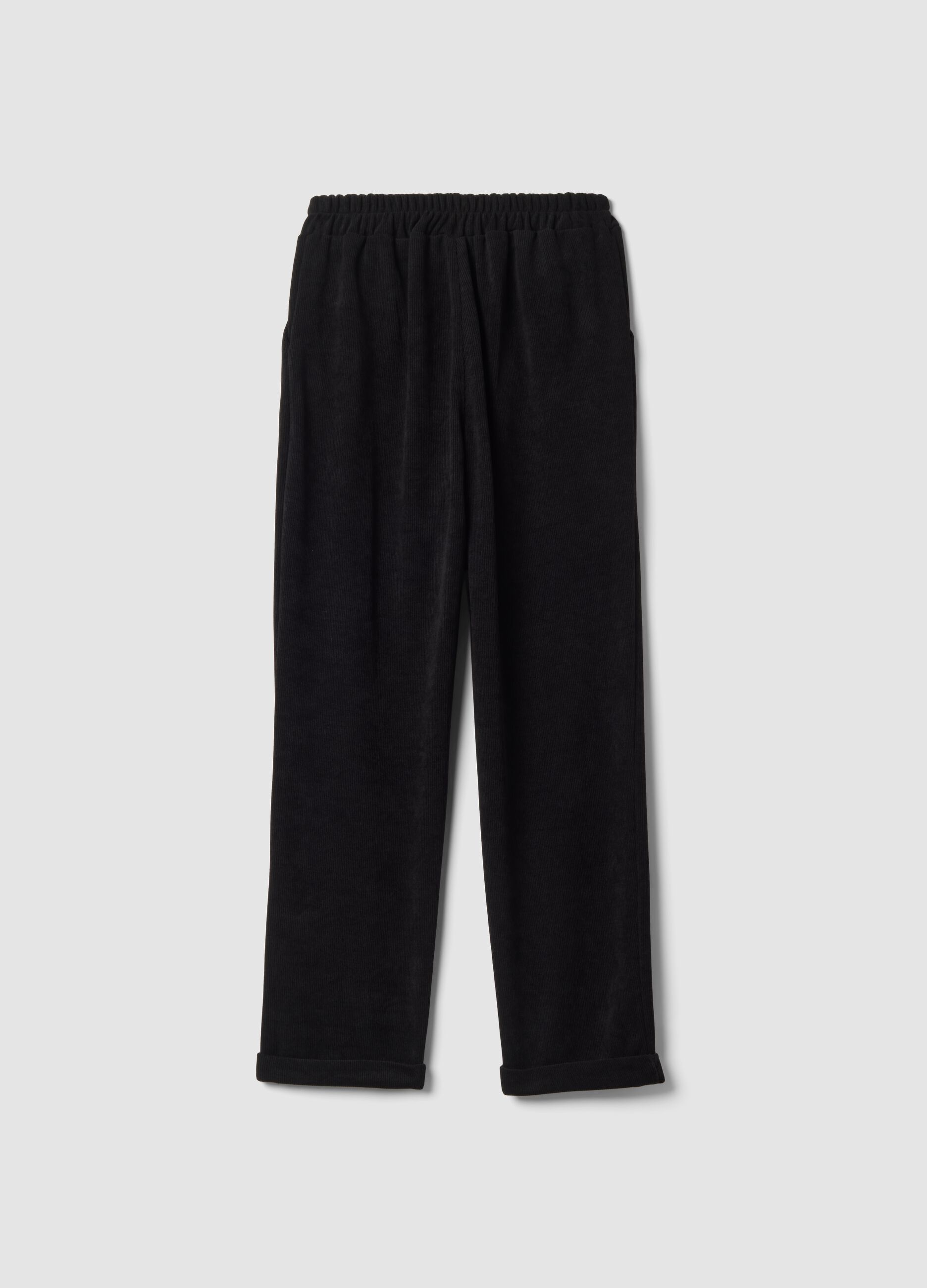 Black ribbed stretch-fabric trousers, regular fit