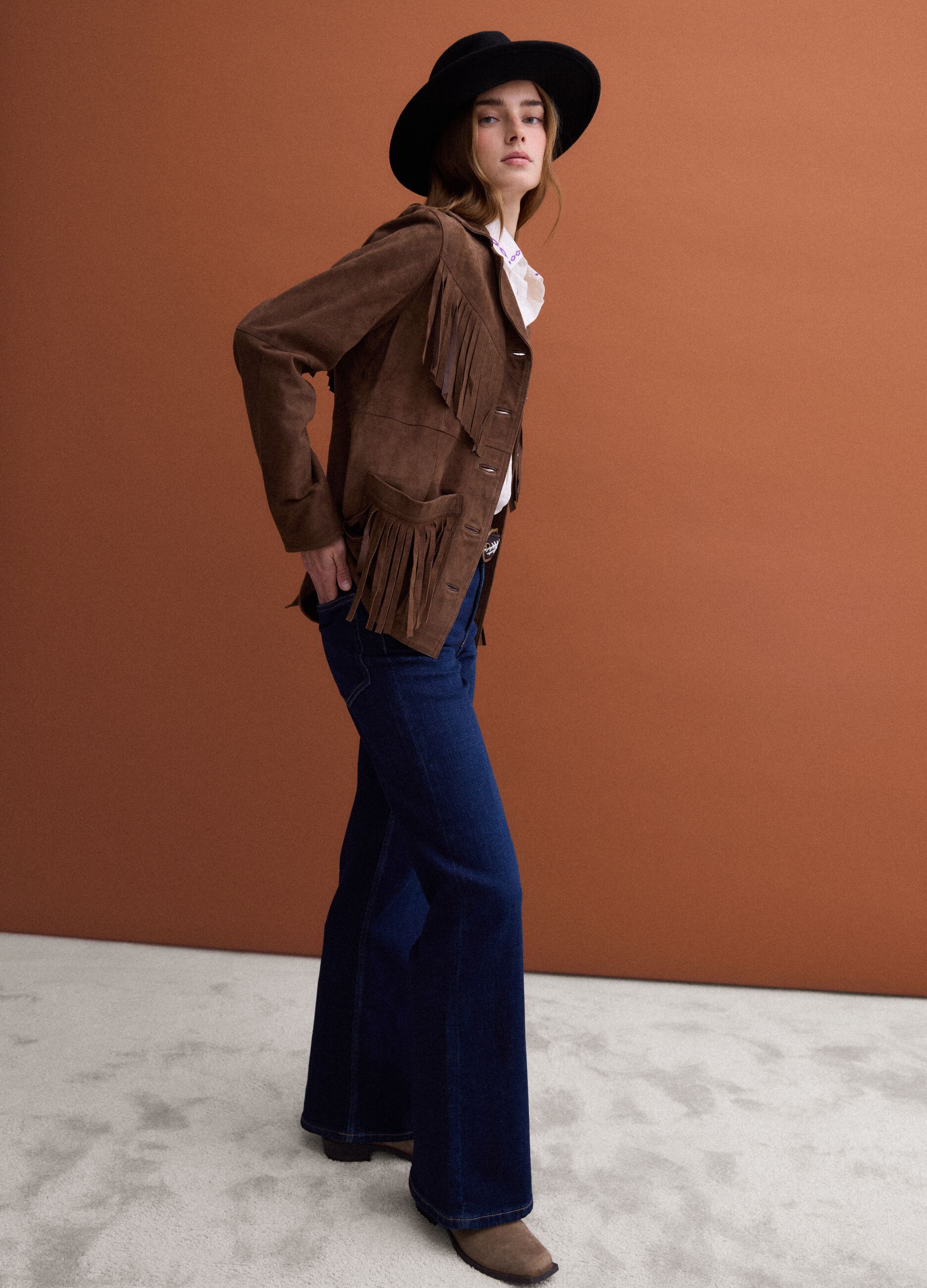 Brown fringed genuine leather jacket &ndash; regular fit