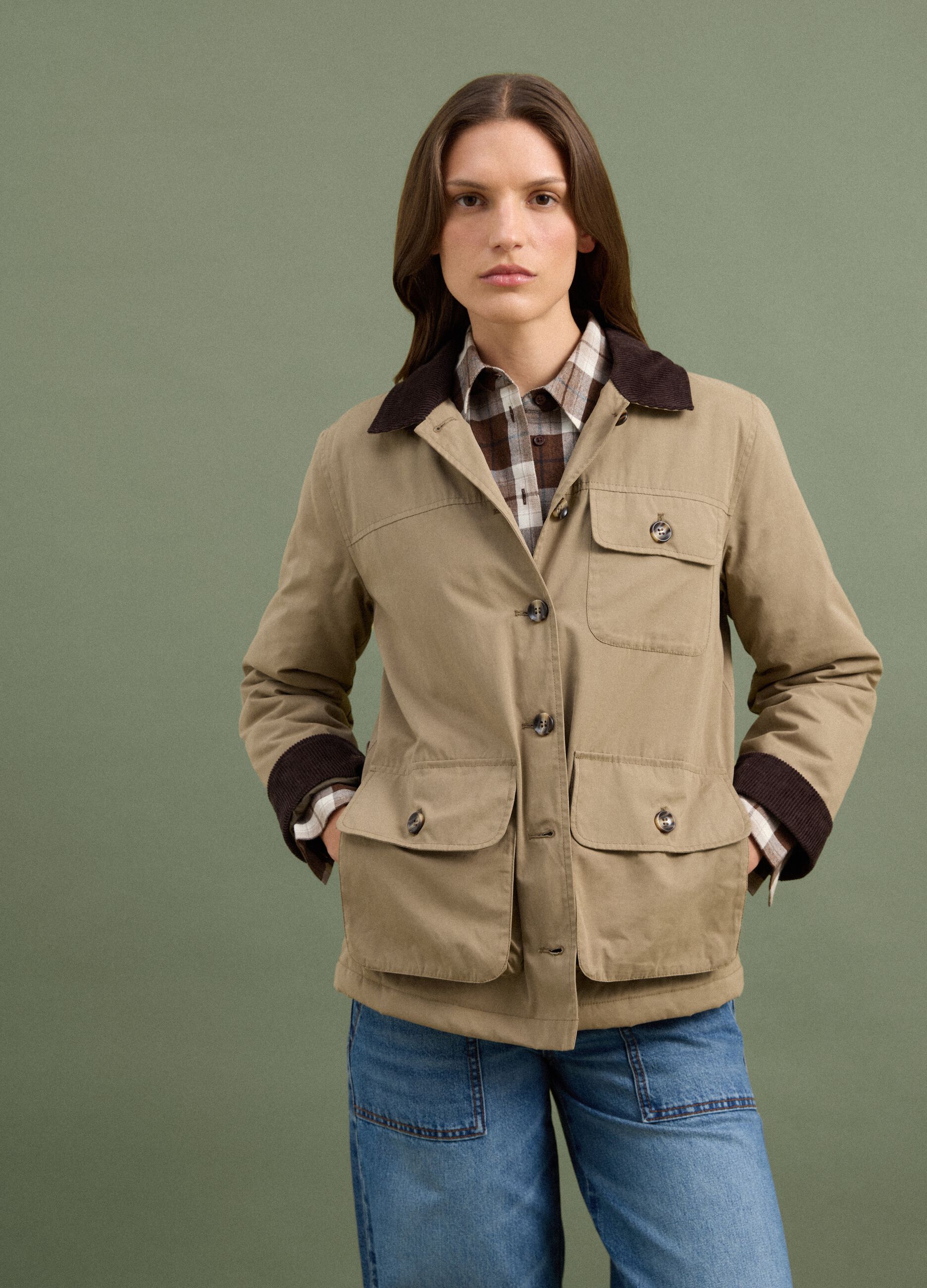 Beige regular-fit shacket with contrast collar