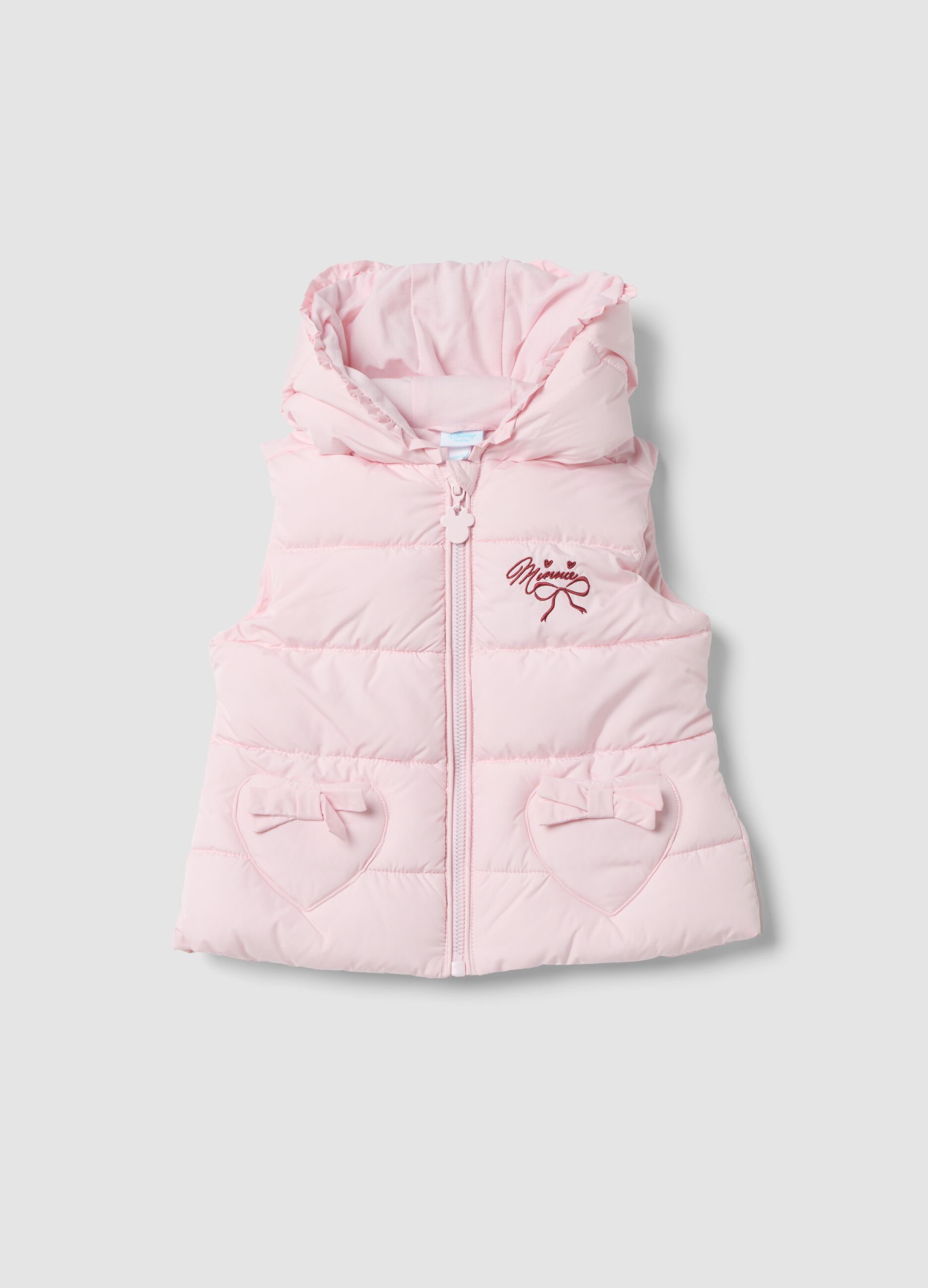 Gilet imbottito rosa con cappuccio e tasche a cuore e ricamo Minnie