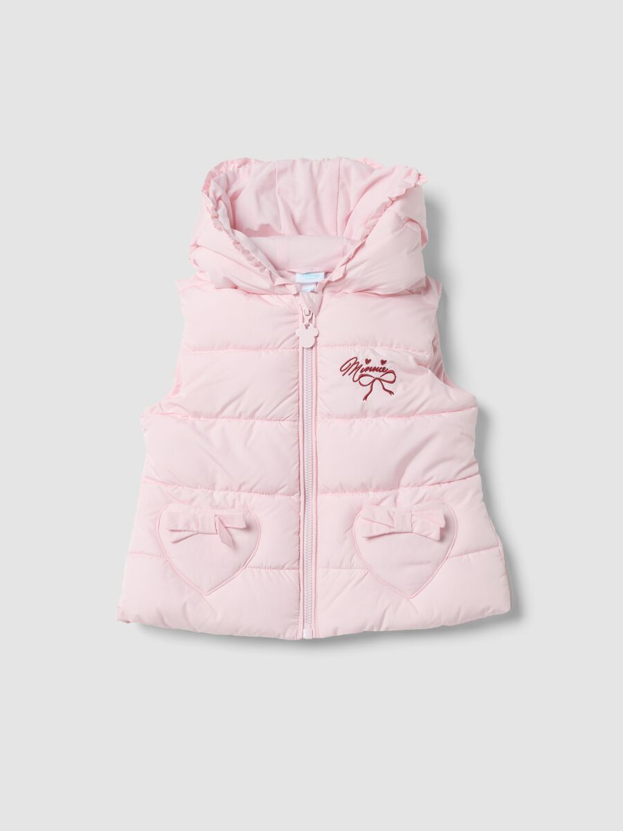 Gilet imbottito rosa con cappuccio e tasche a cuore e ricamo Minnie_0