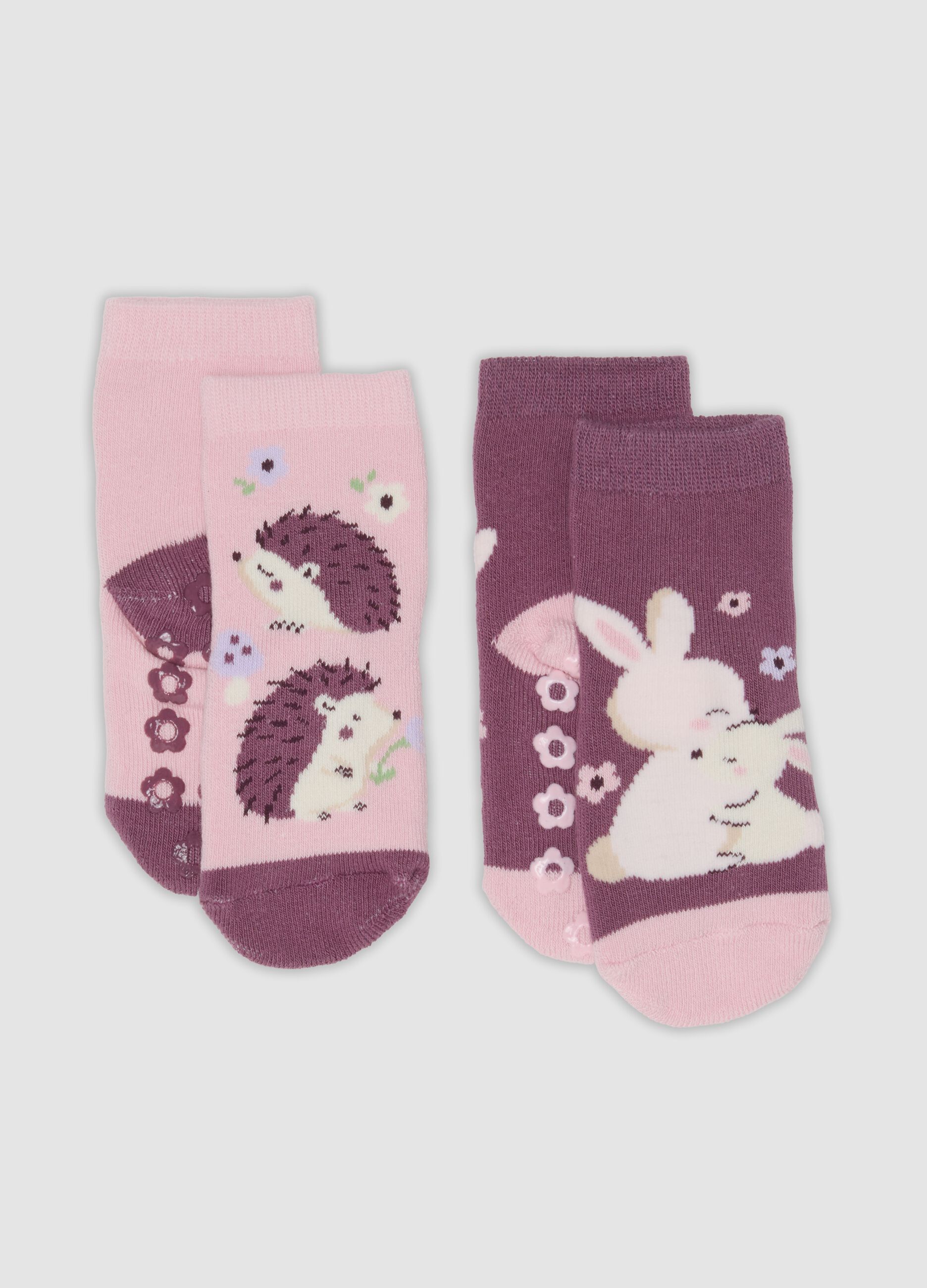 2-pack of pink non-slip printed socks in stretch organic cotton