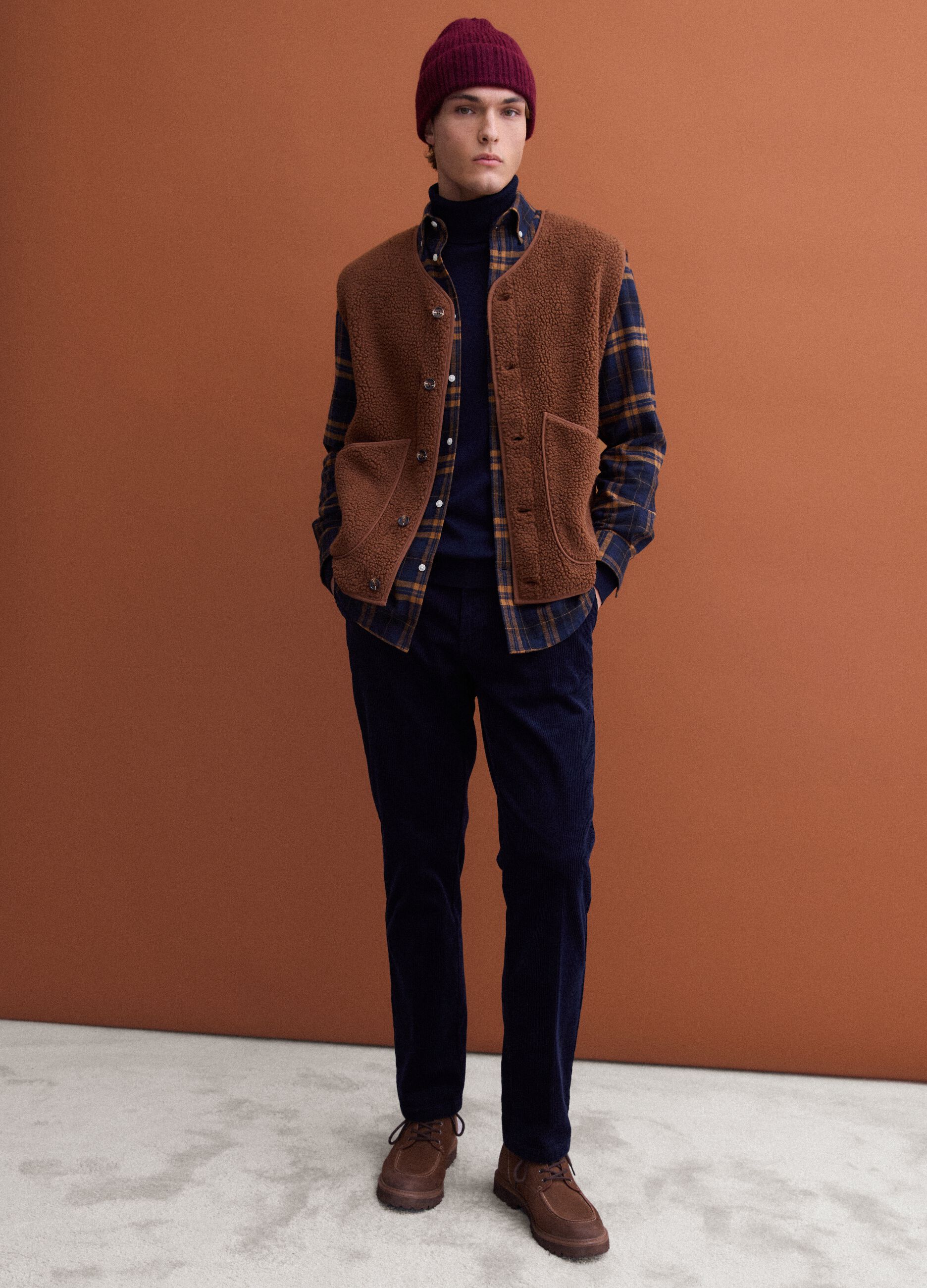 Light brown V-neck gilet with patch pockets