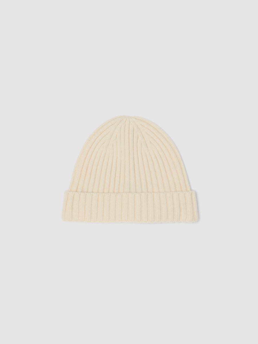 Beige pure wool ribbed beanie_0