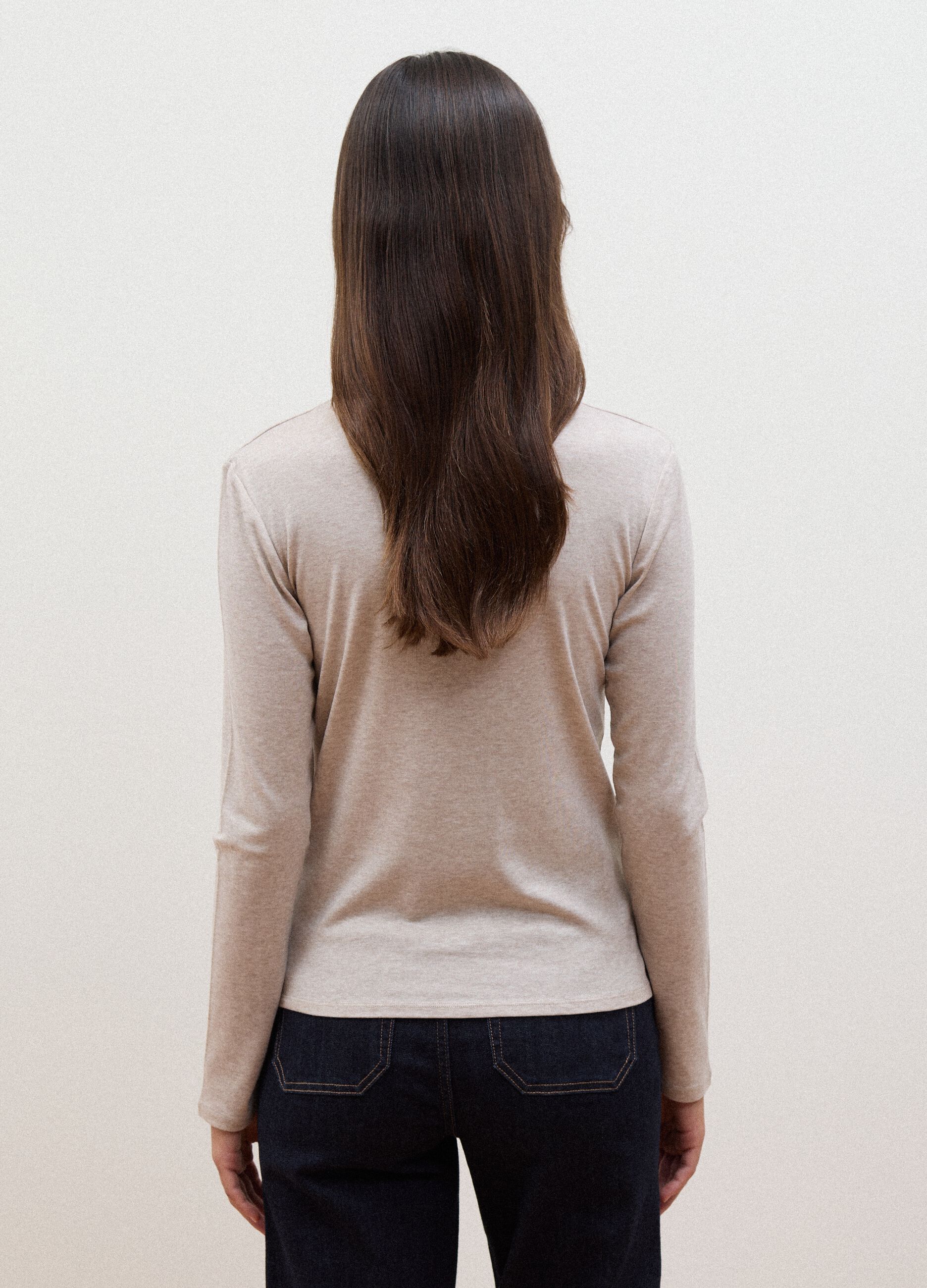Beige lyocell and stretch wool mock-neck T-shirt, regular fit