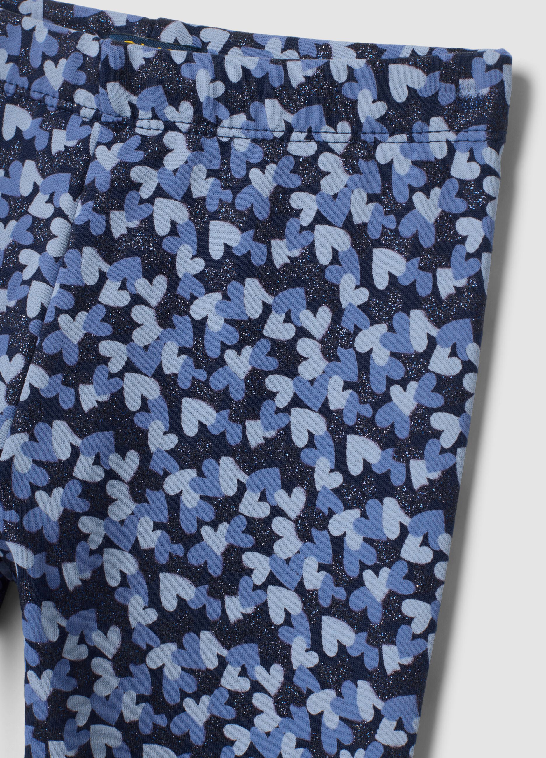 Leggings blu skinny in cotone organico elasticizzato con fantasia a cuori