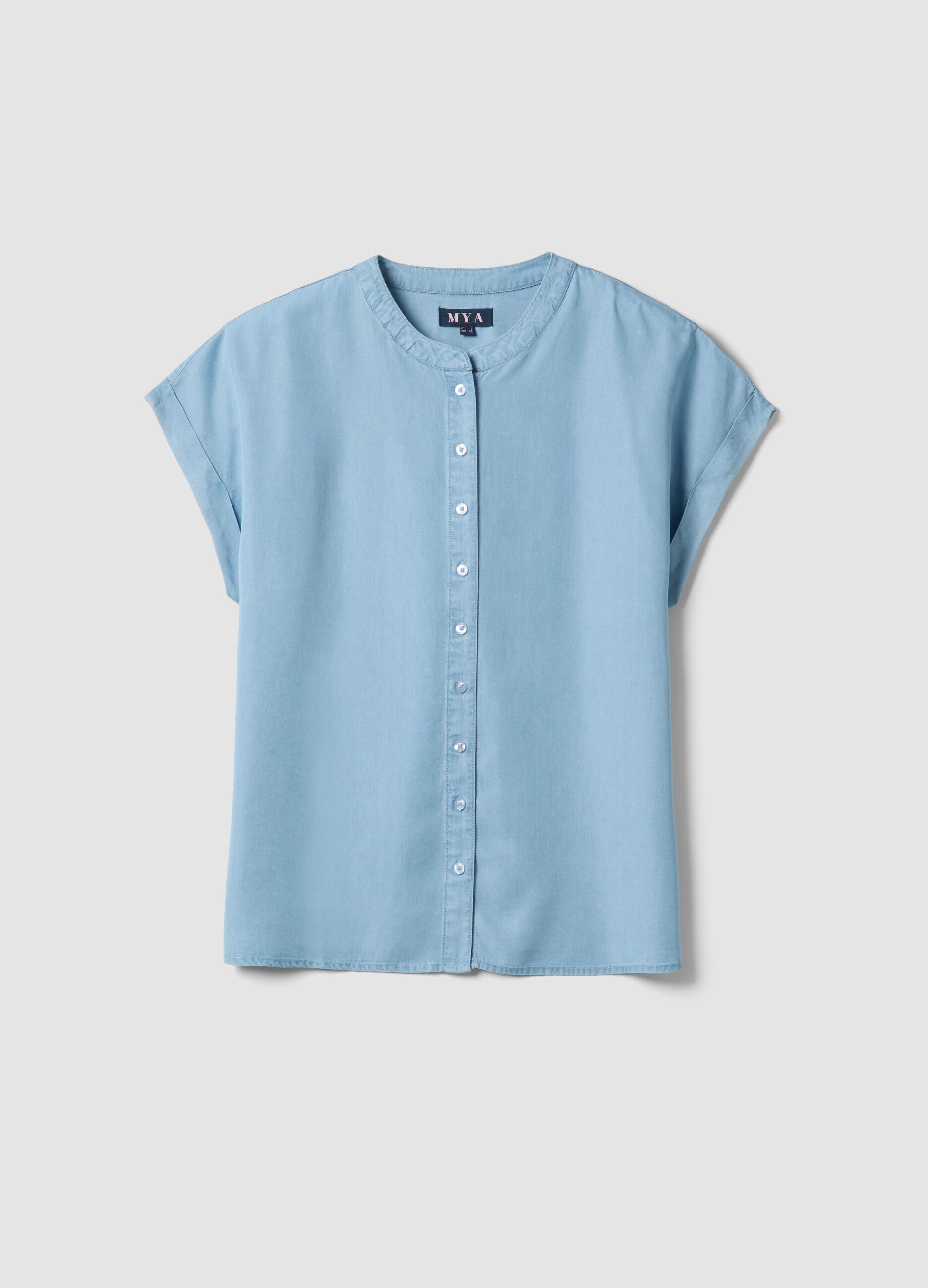 Regular fit pure lyocell blue blouse with mandarin collar