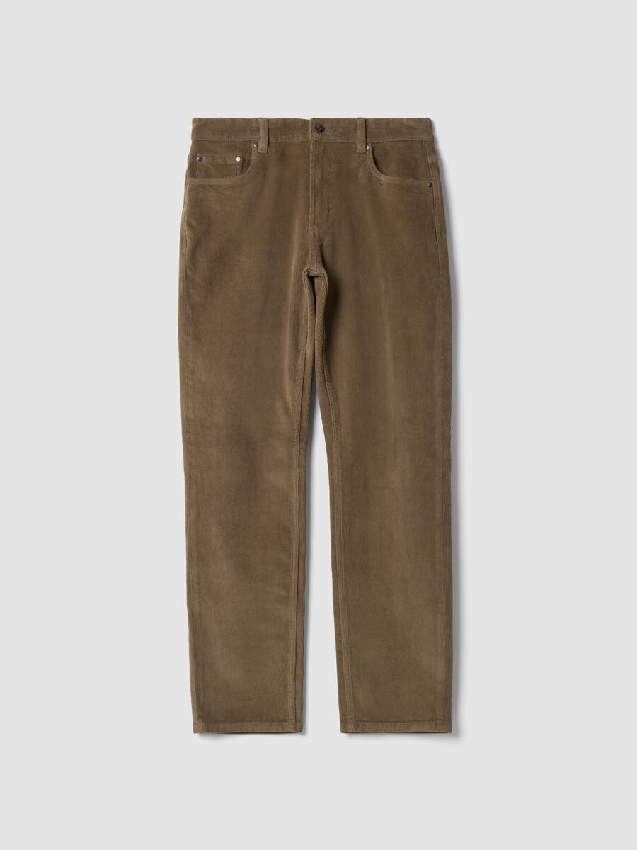 Pantaloni marroni in cotone elasticizzato a coste regular fit_0