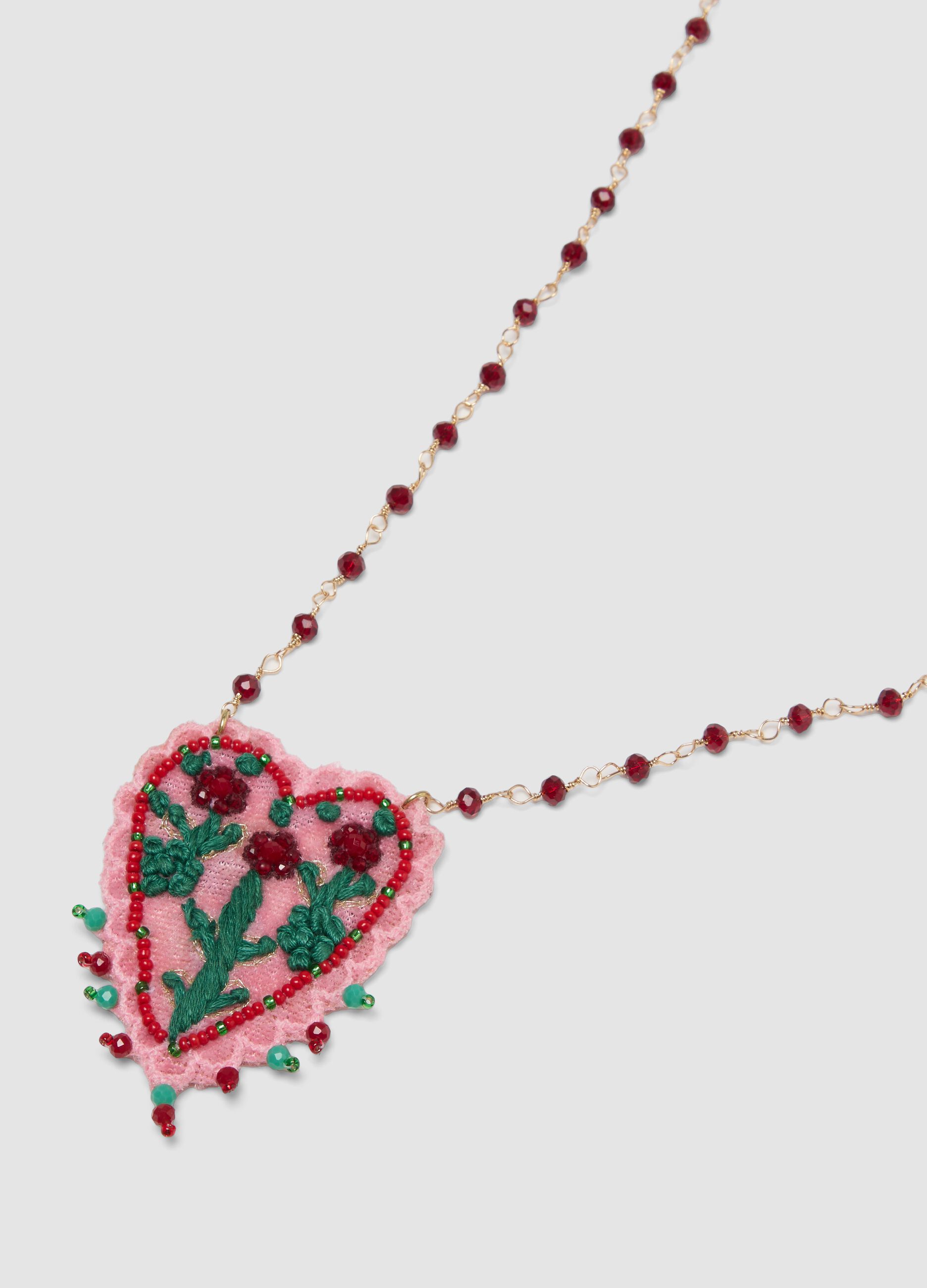 Pink necklace with embroidered heart pendant