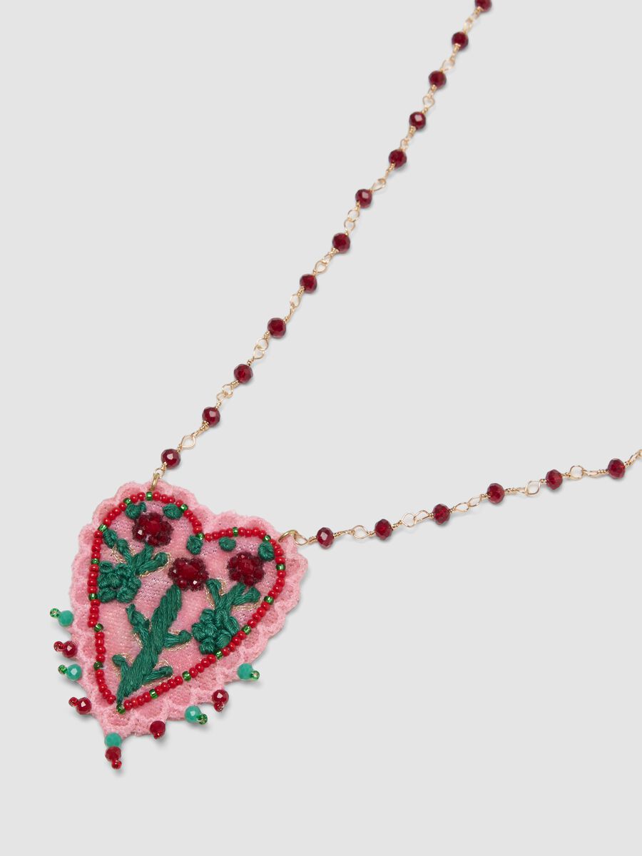 Pink necklace with embroidered heart pendant_1