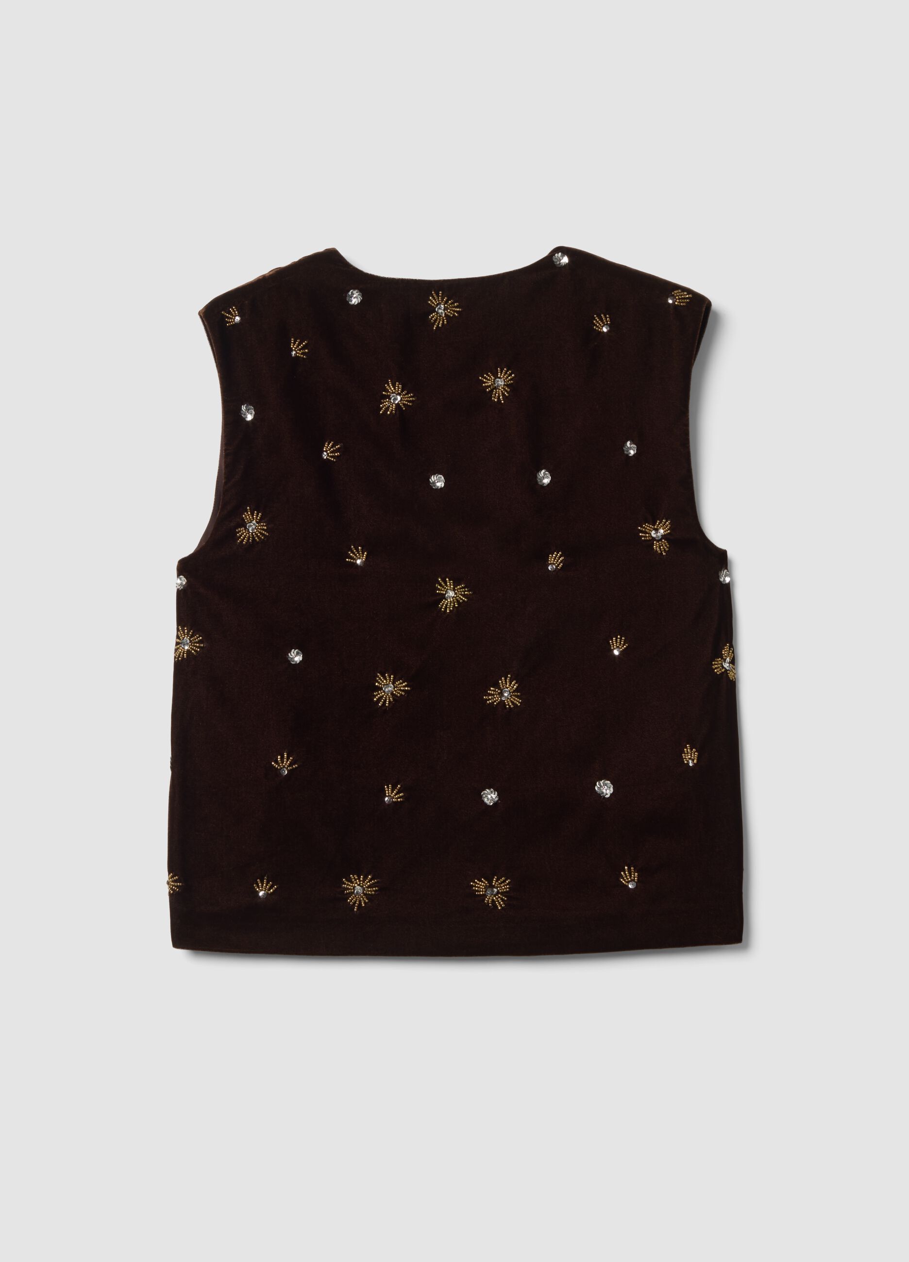 Gilet marrone con ricami floreali e paillettes slim fit