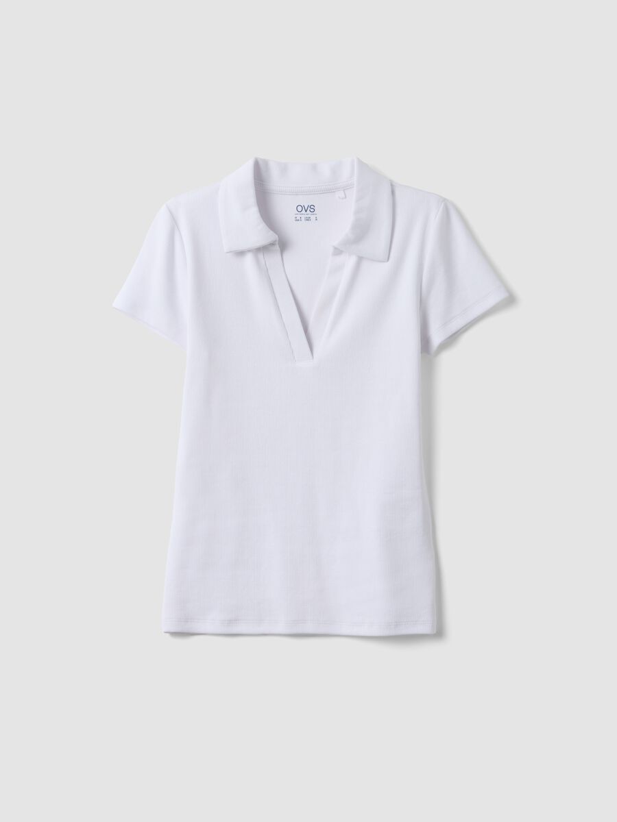 White stretch cotton polo shirt with open V-neck, regular fit_4