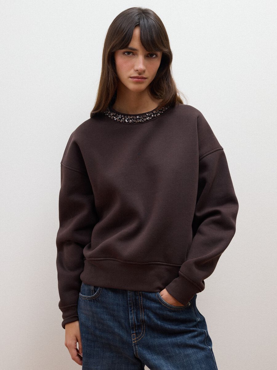 Brown cotton-blend sweatshirt with rhinestones_0