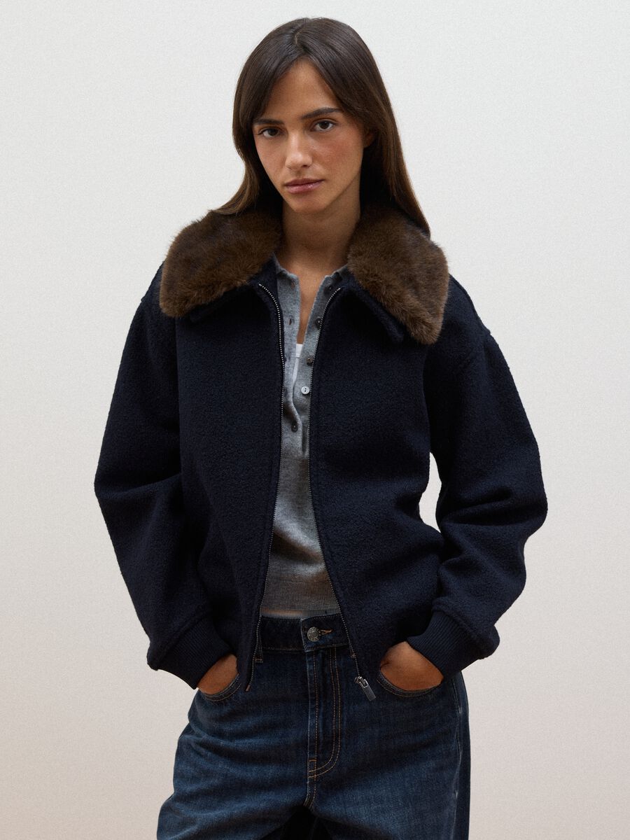 Blue wool-blend jacket with faux-fur effect collar_0