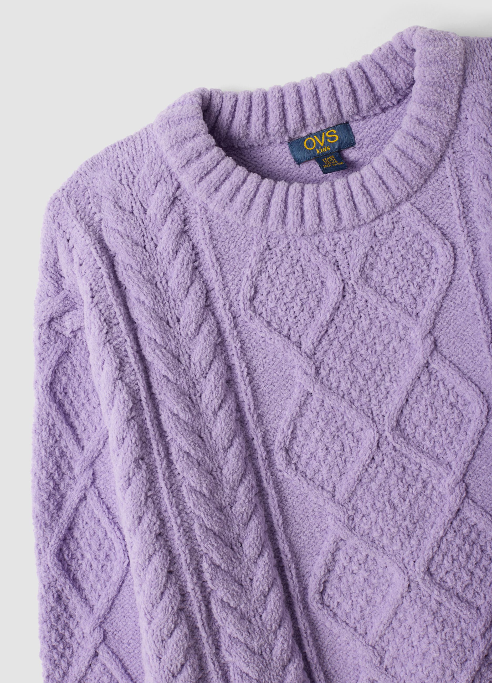 Purple and pink cable-knit crew neck jumper