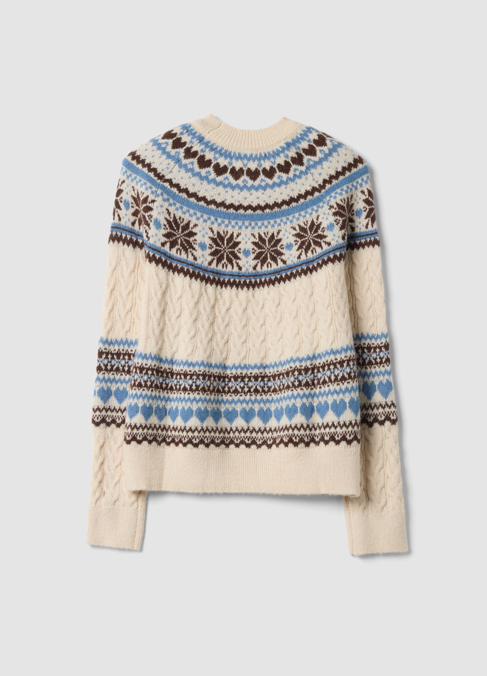 Beige jacquard crew-neck oversized jumper