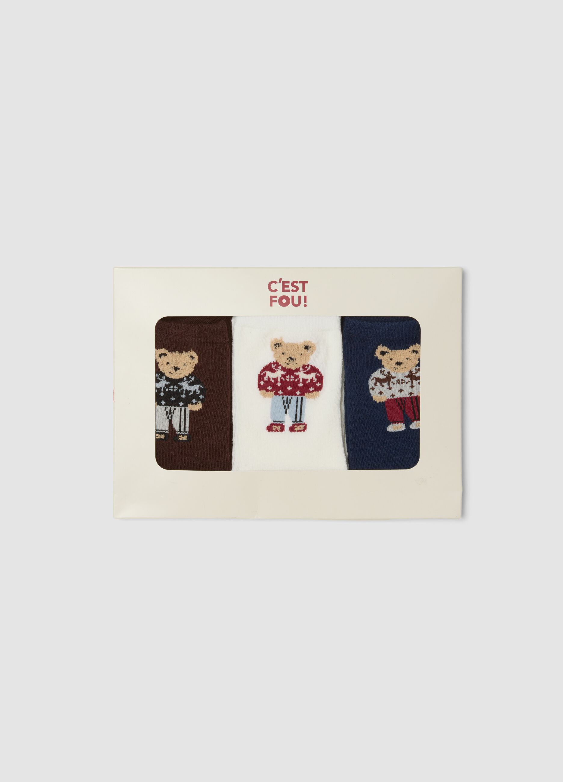 Multicolour stretch organic cotton three-pack socks with teddy bear