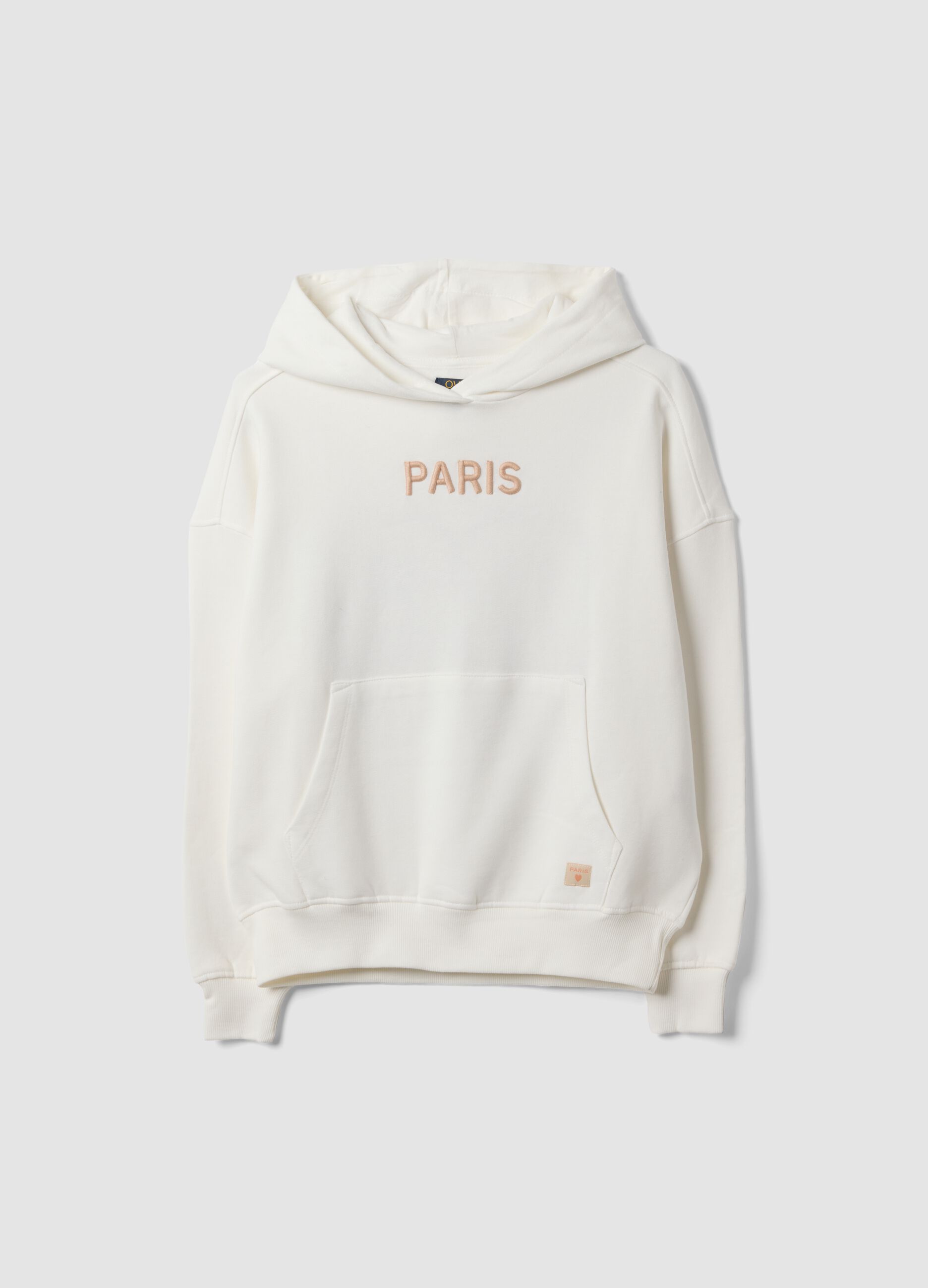White 100% cotton oversized hoodie with &ldquo;Paris&rdquo; print