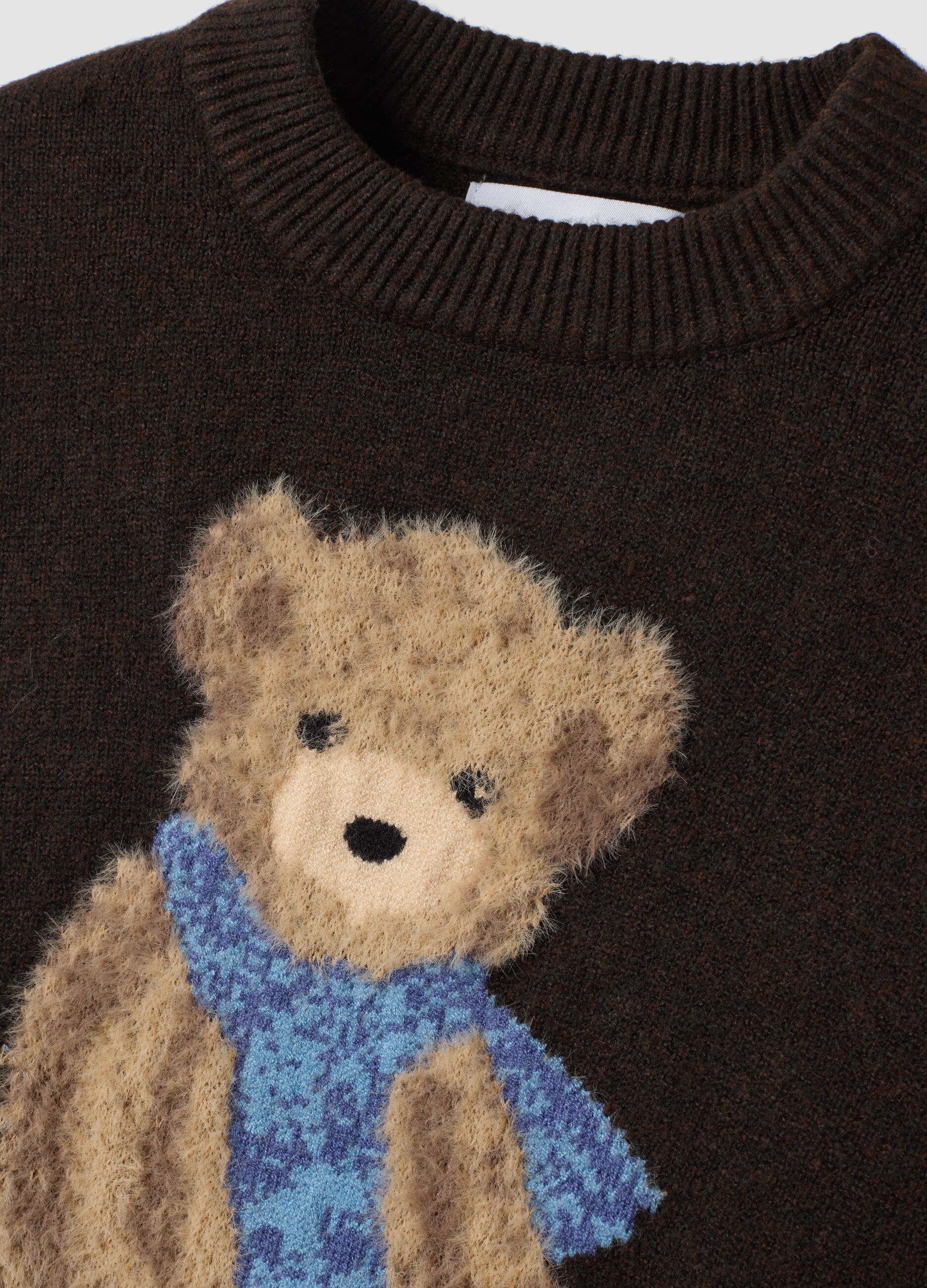Brown stretch-viscose jumper with teddy bear motif