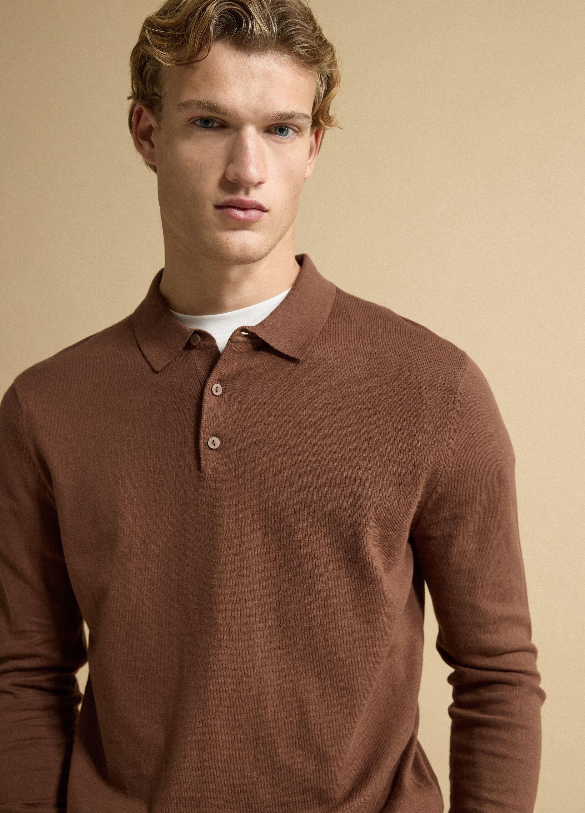 Brown long-sleeve regular-fit cotton and cashmere-blend polo shirt
