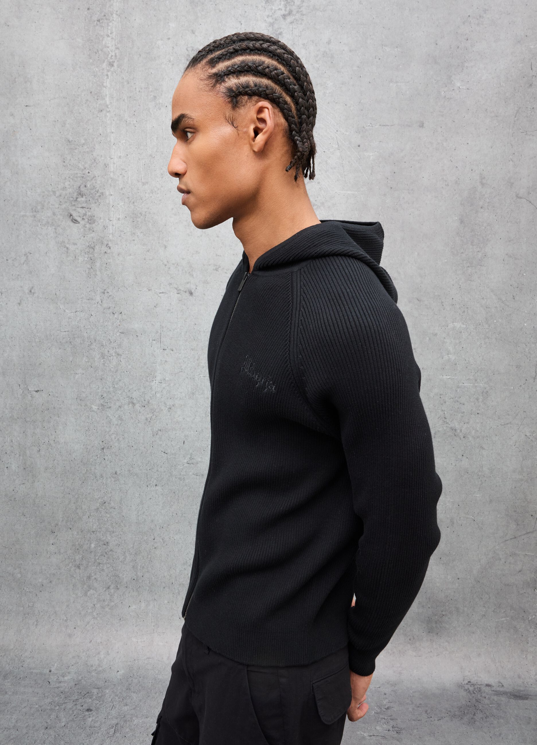 Black Ribbed Knit Hoodie