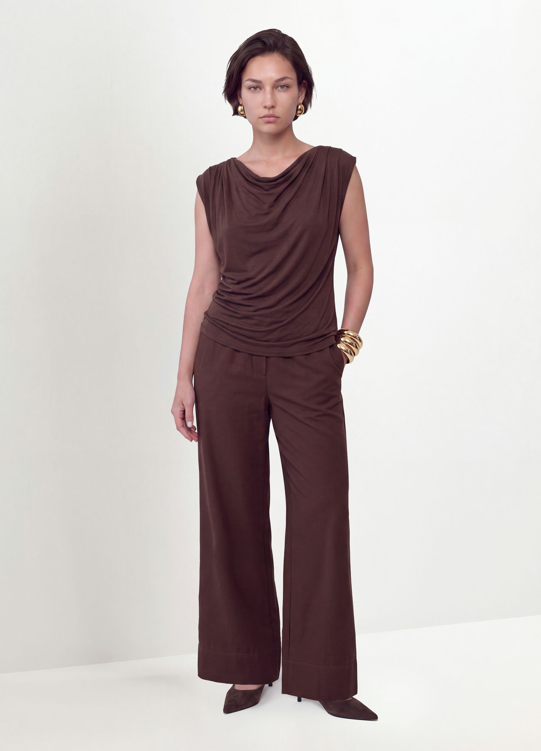 Brown stretch viscose T-shirt with draped neckline